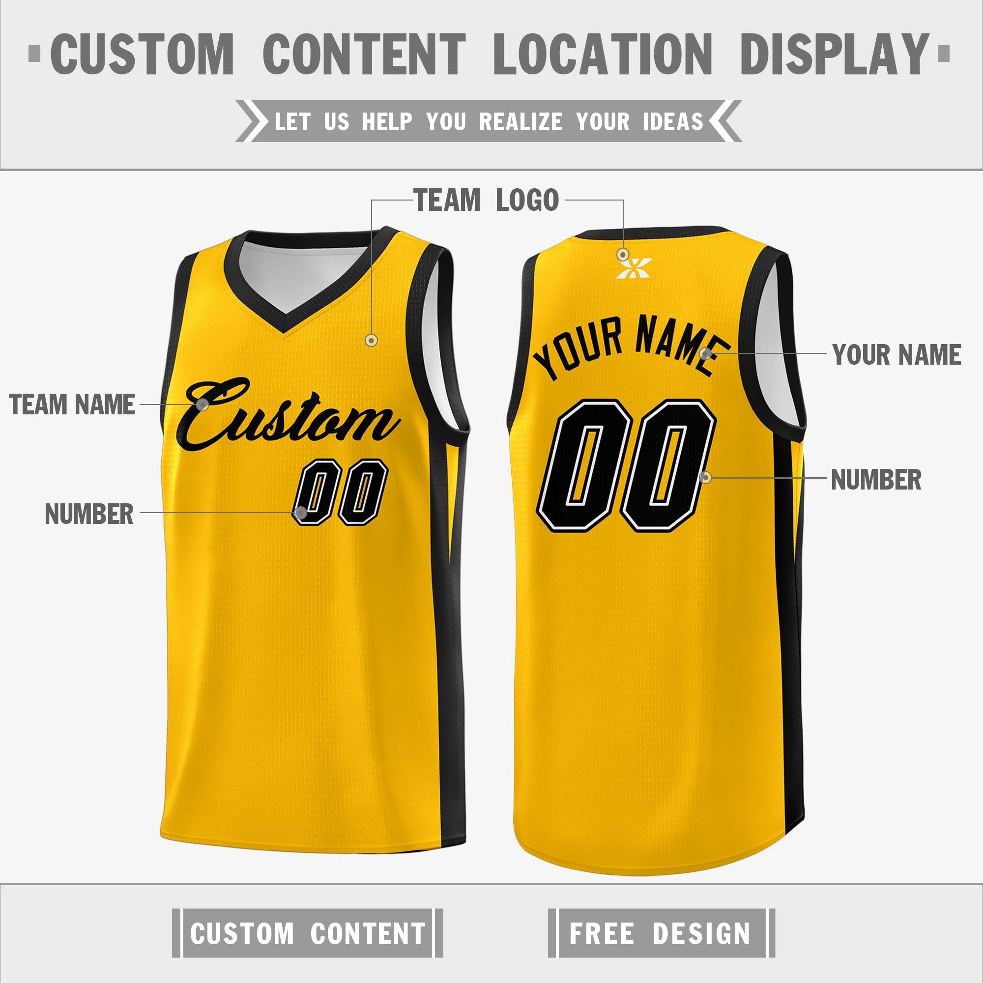 Maillot de basket-ball extérieur en tête classique jaune noir personnalisé