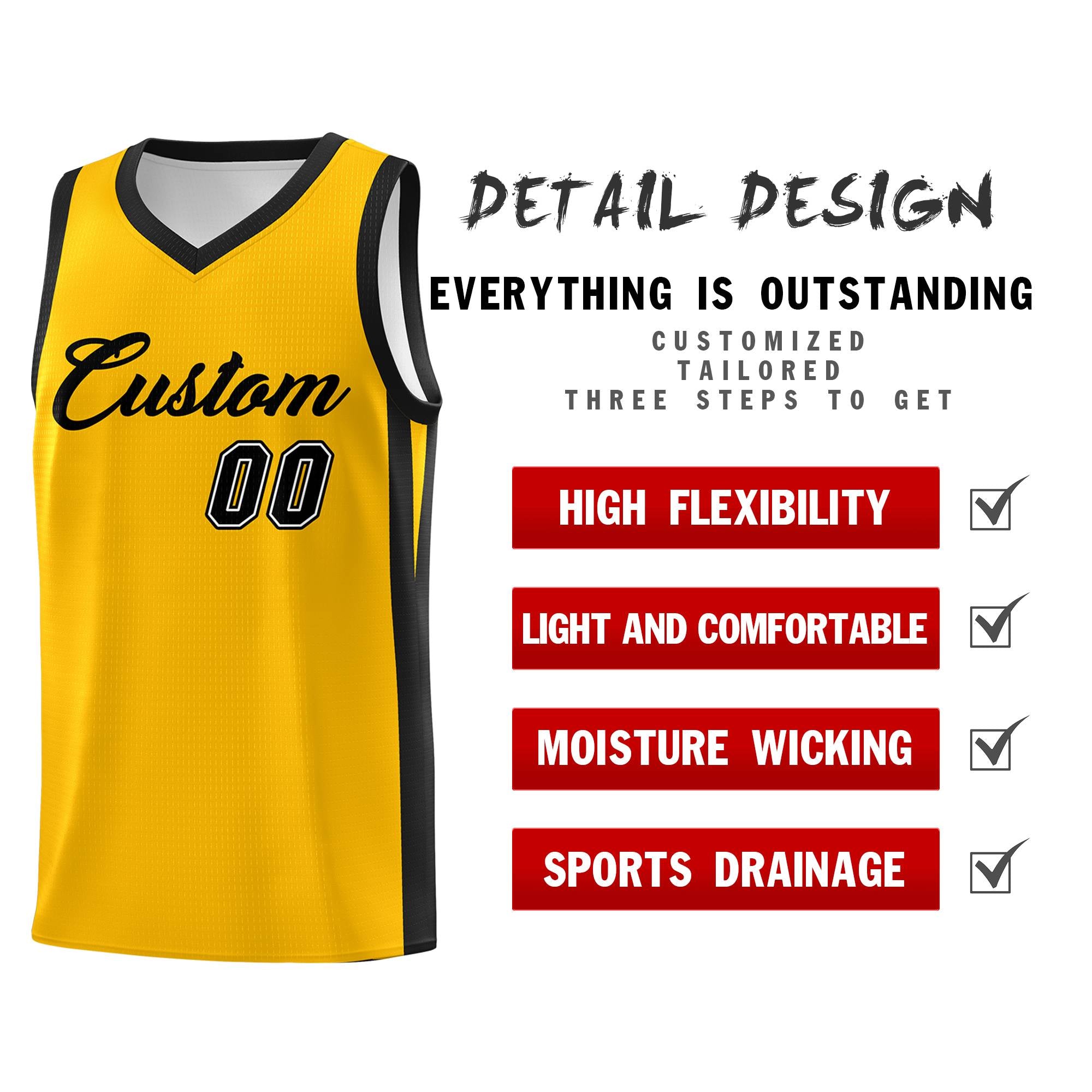 Maillot de basket-ball extérieur en tête classique jaune noir personnalisé