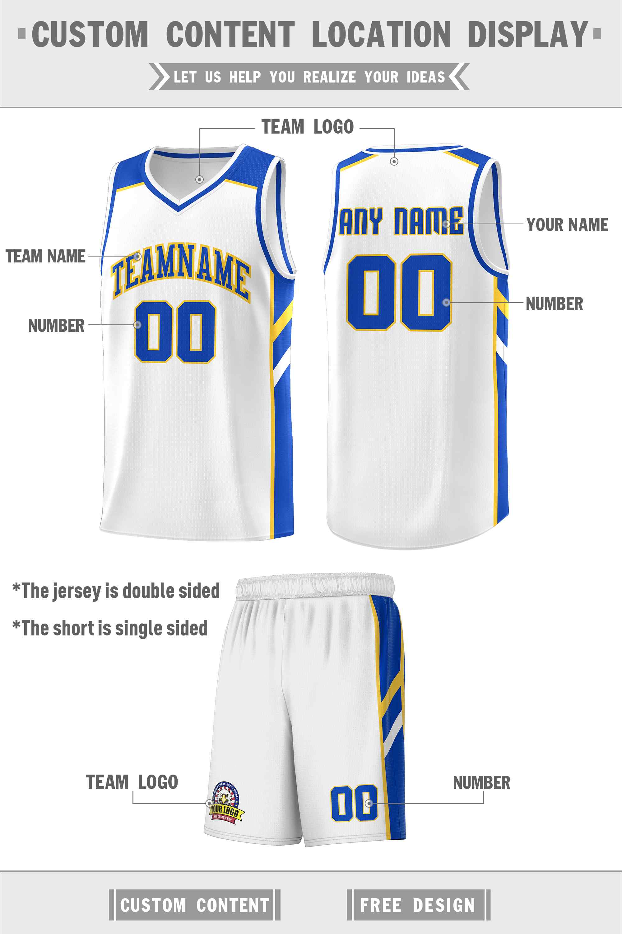 Custom White Royal-Yellow Classic Sets Sports Uniform Basketball Jersey