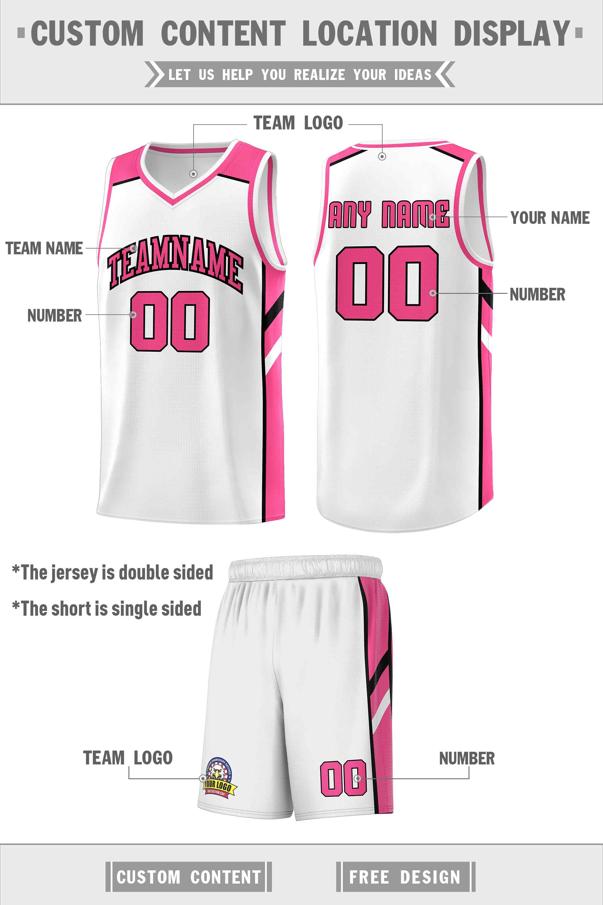 Custom White Pink-Black Classic Sets Sports Uniform Basketball Jersey