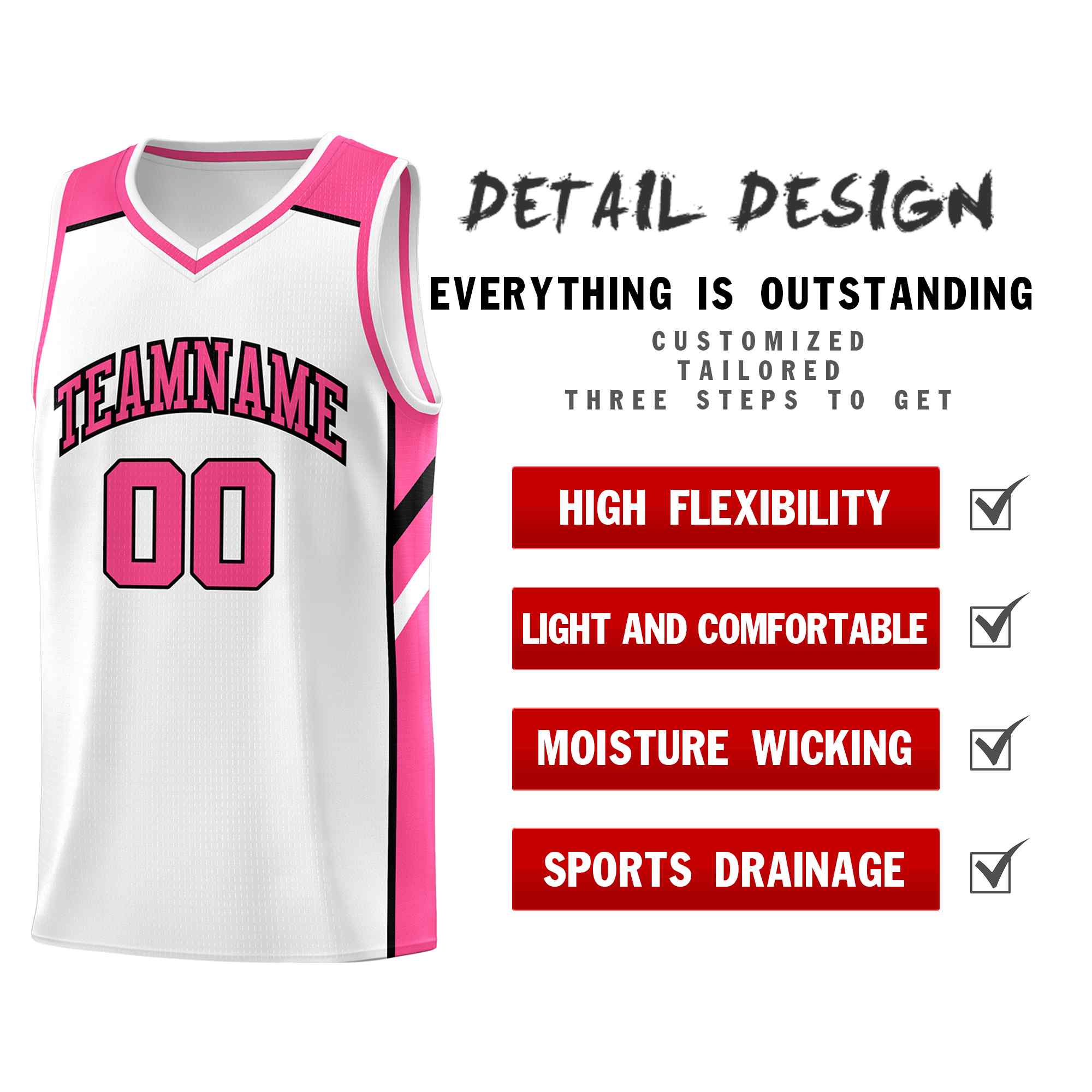 Ensembles classiques personnalisés blanc rose-noir, maillot de basket-ball uniforme de sport