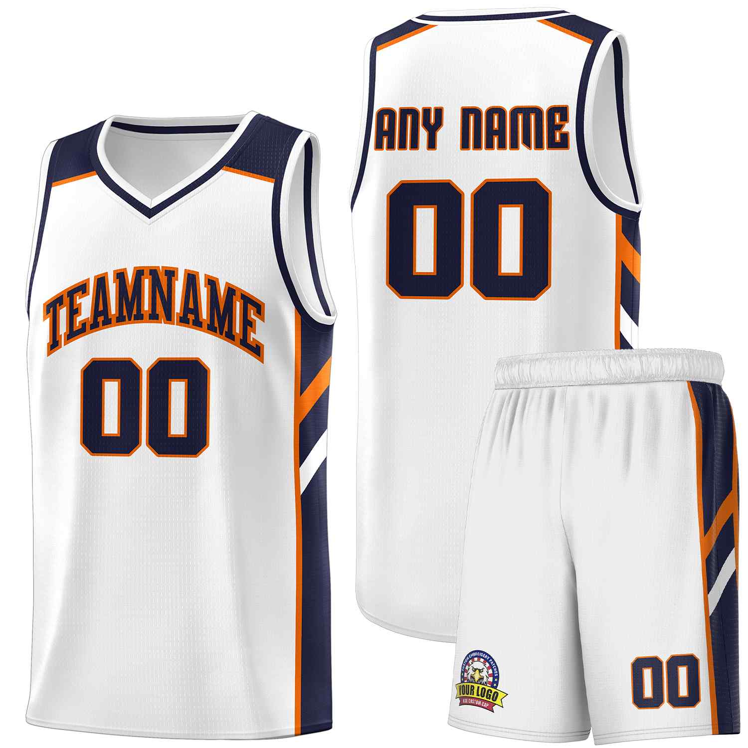 Maillot de basket-ball uniforme de sport, ensembles classiques blancs et Orange personnalisés, bleu marine