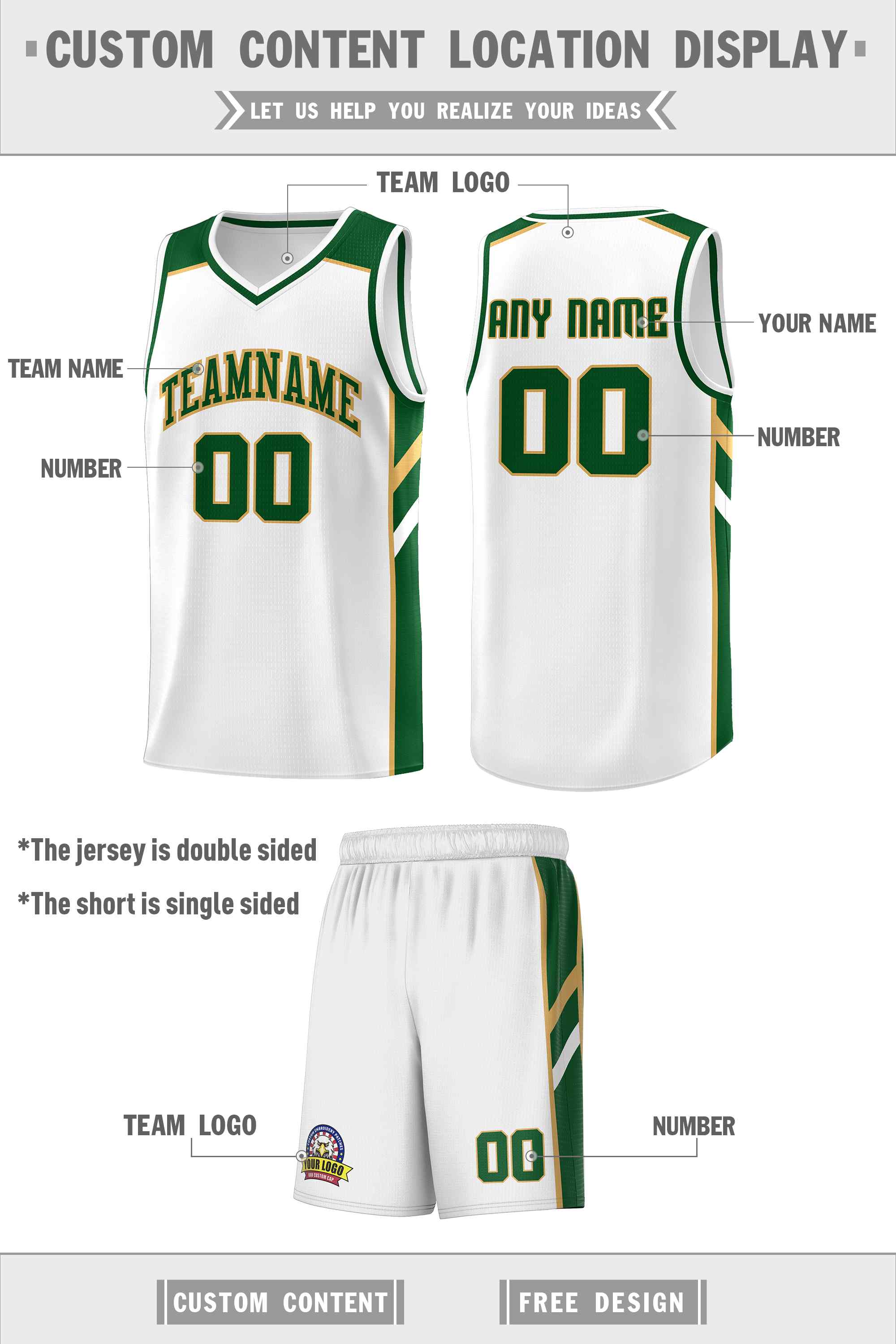 Custom White Green-Old Gold Classic Sets Sports Uniform Basketball Jersey