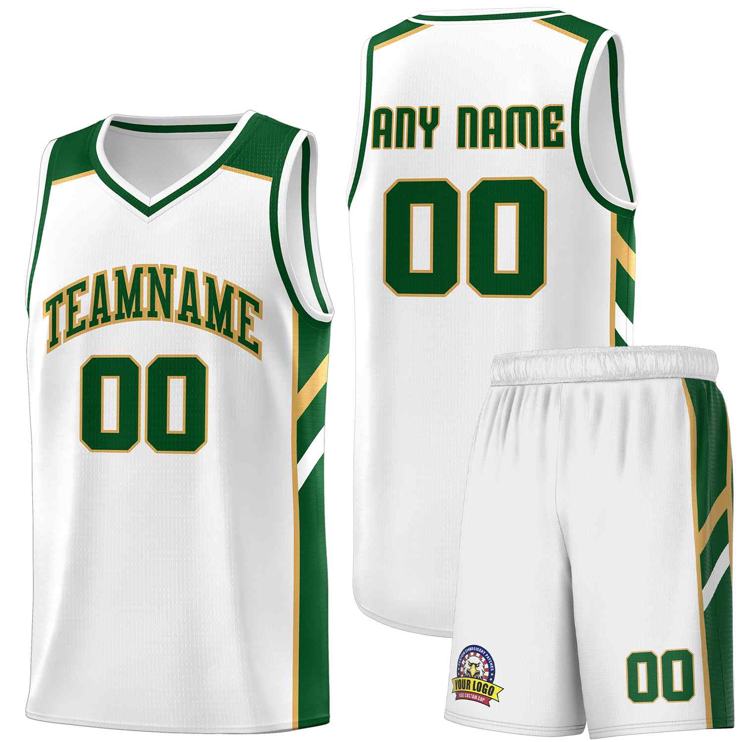 Maillot de basket-ball uniforme de sport, ensembles classiques personnalisés, blanc, vert-vieil or