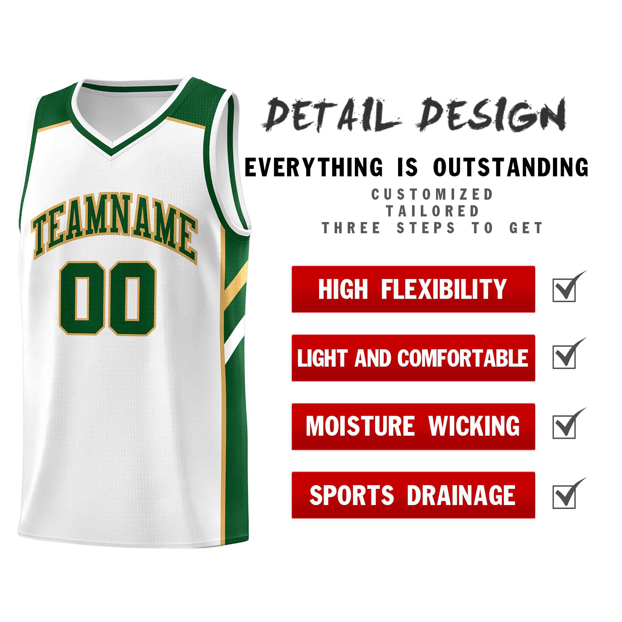 Maillot de basket-ball uniforme de sport, ensembles classiques personnalisés, blanc, vert-vieil or