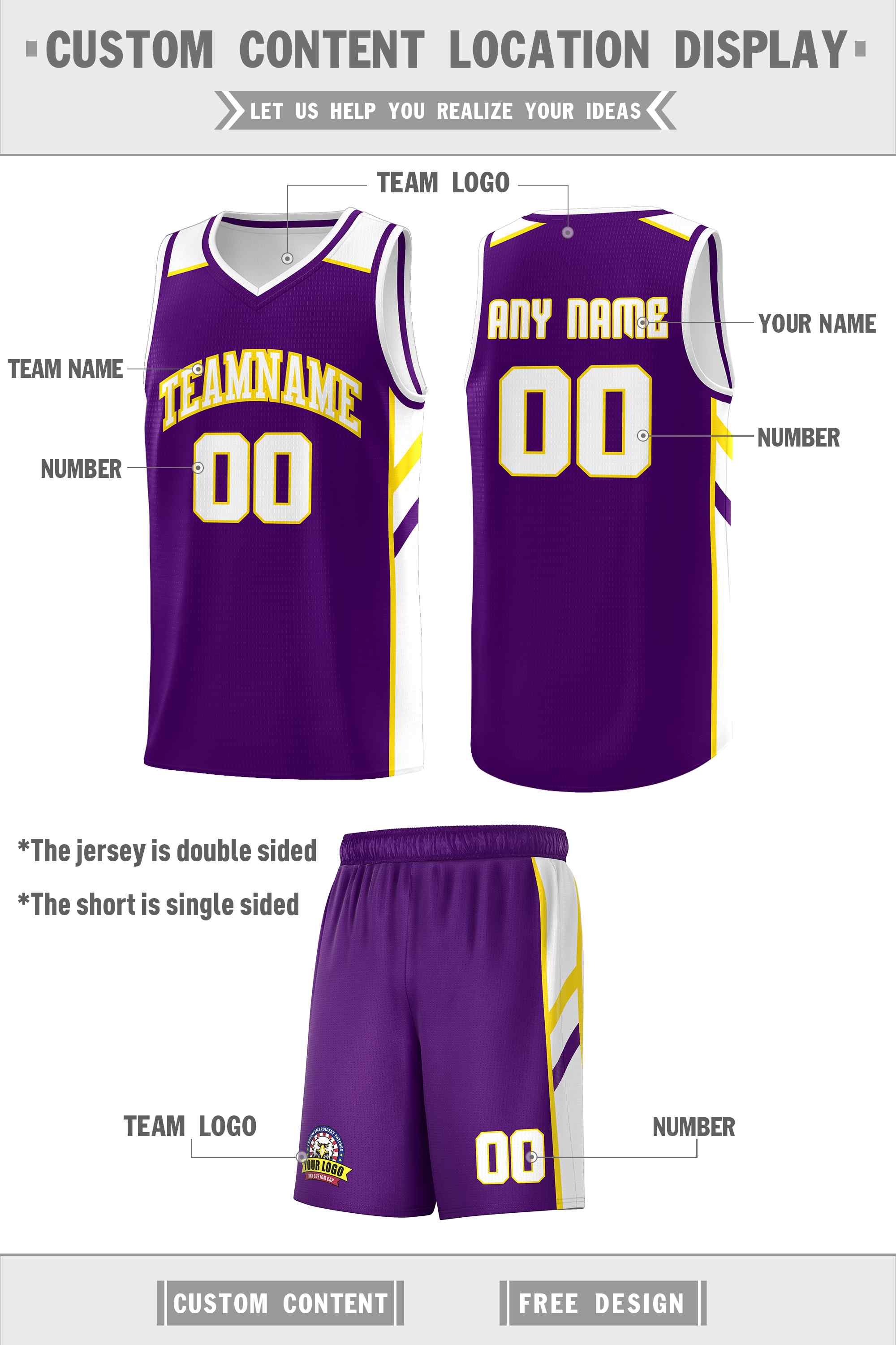 Ensemble classique violet blanc-jaune personnalisé, uniforme de sport, maillot de basket-ball