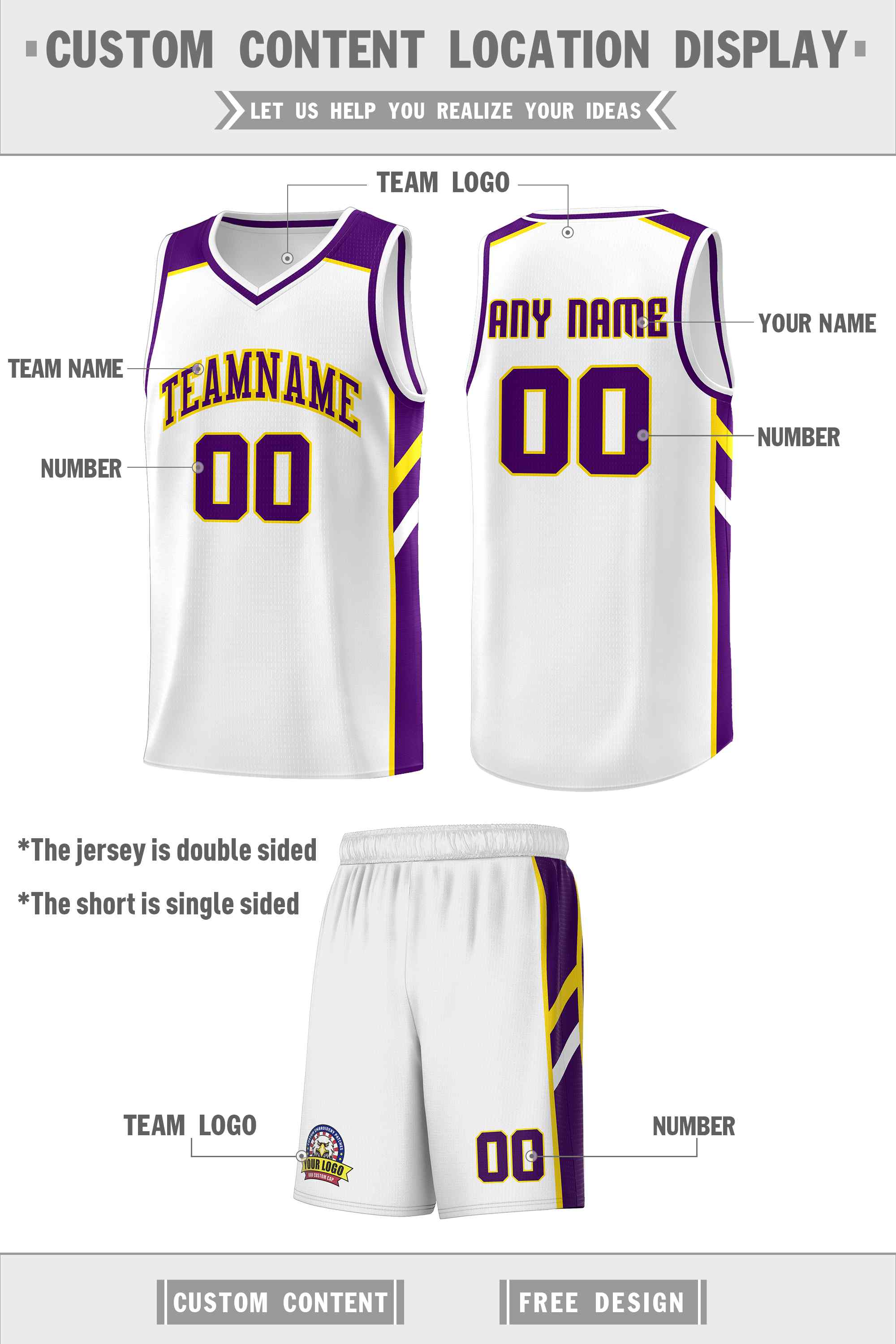 Custom White Purple-Yellow Classic Sets Sports Uniform Basketball Jersey