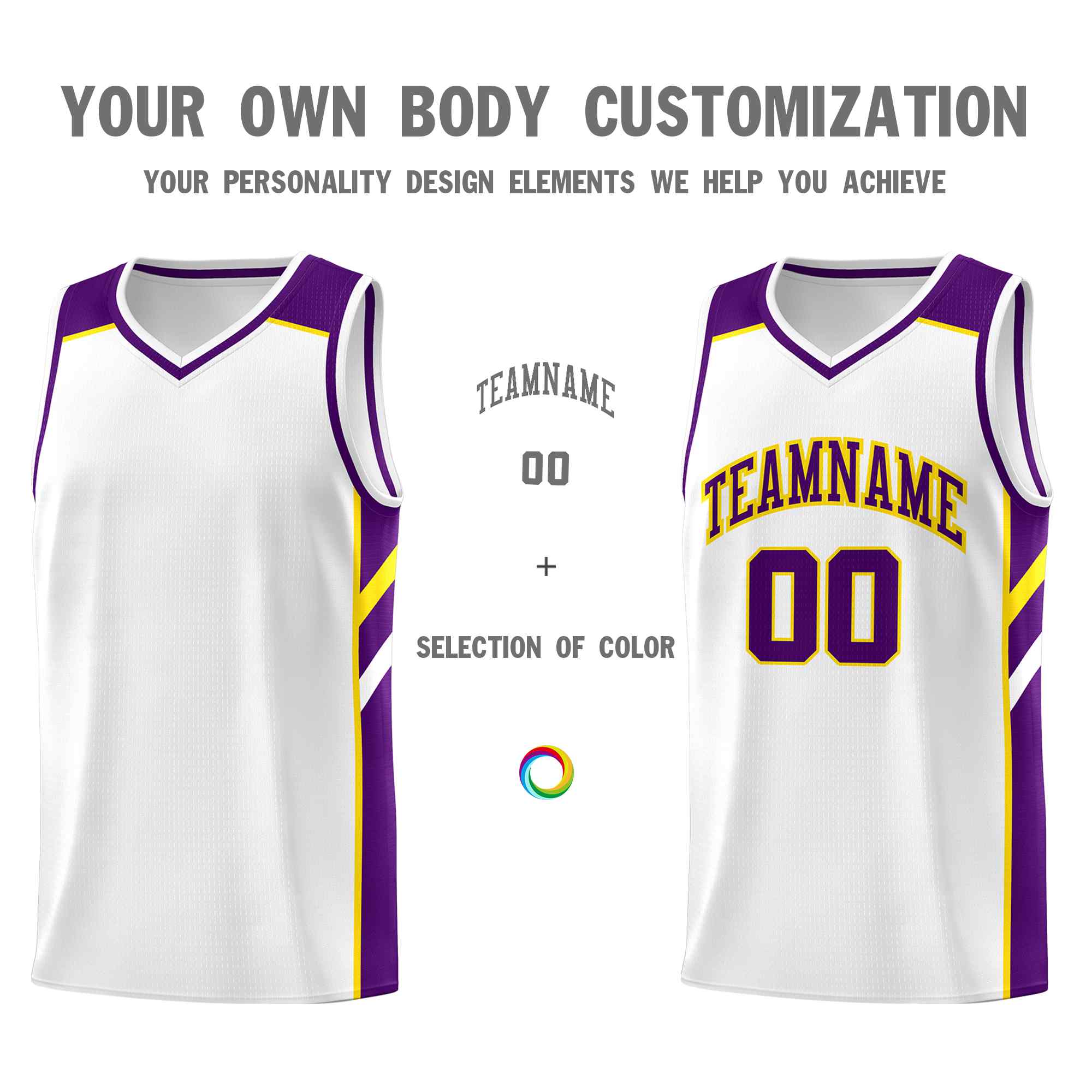 Ensembles classiques personnalisés blanc violet-jaune, maillot de basket-ball uniforme de sport