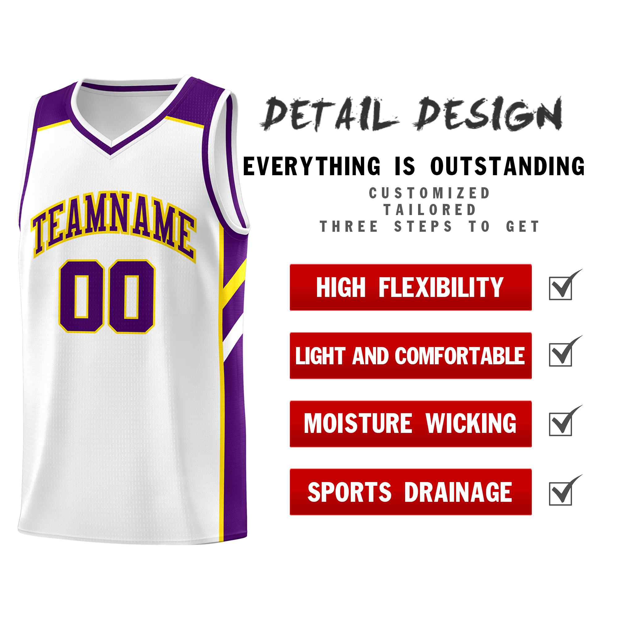 Ensembles classiques personnalisés blanc violet-jaune, maillot de basket-ball uniforme de sport