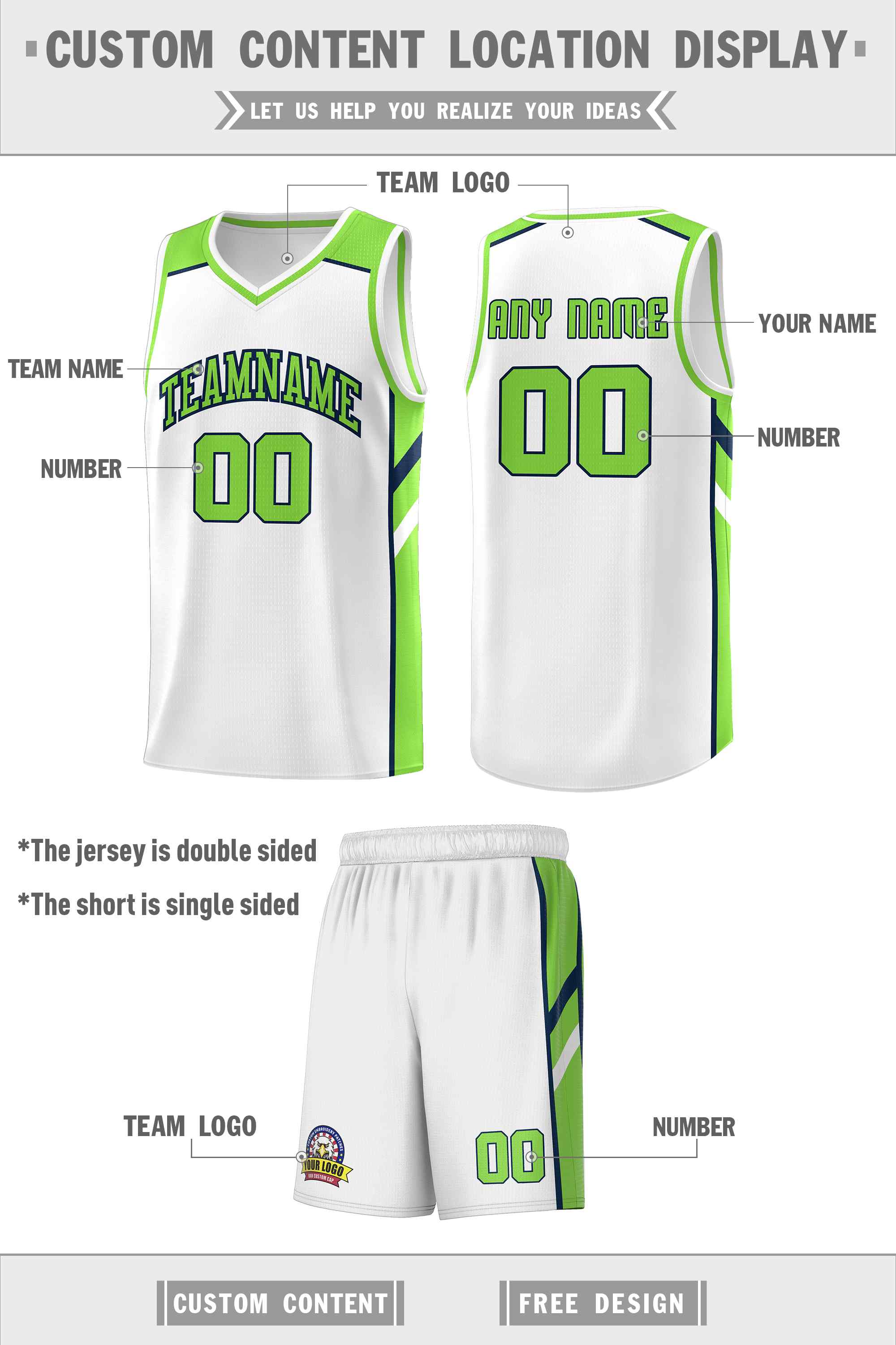 Ensemble classique personnalisé blanc néon vert-marine, uniforme de sport, maillot de basket-ball