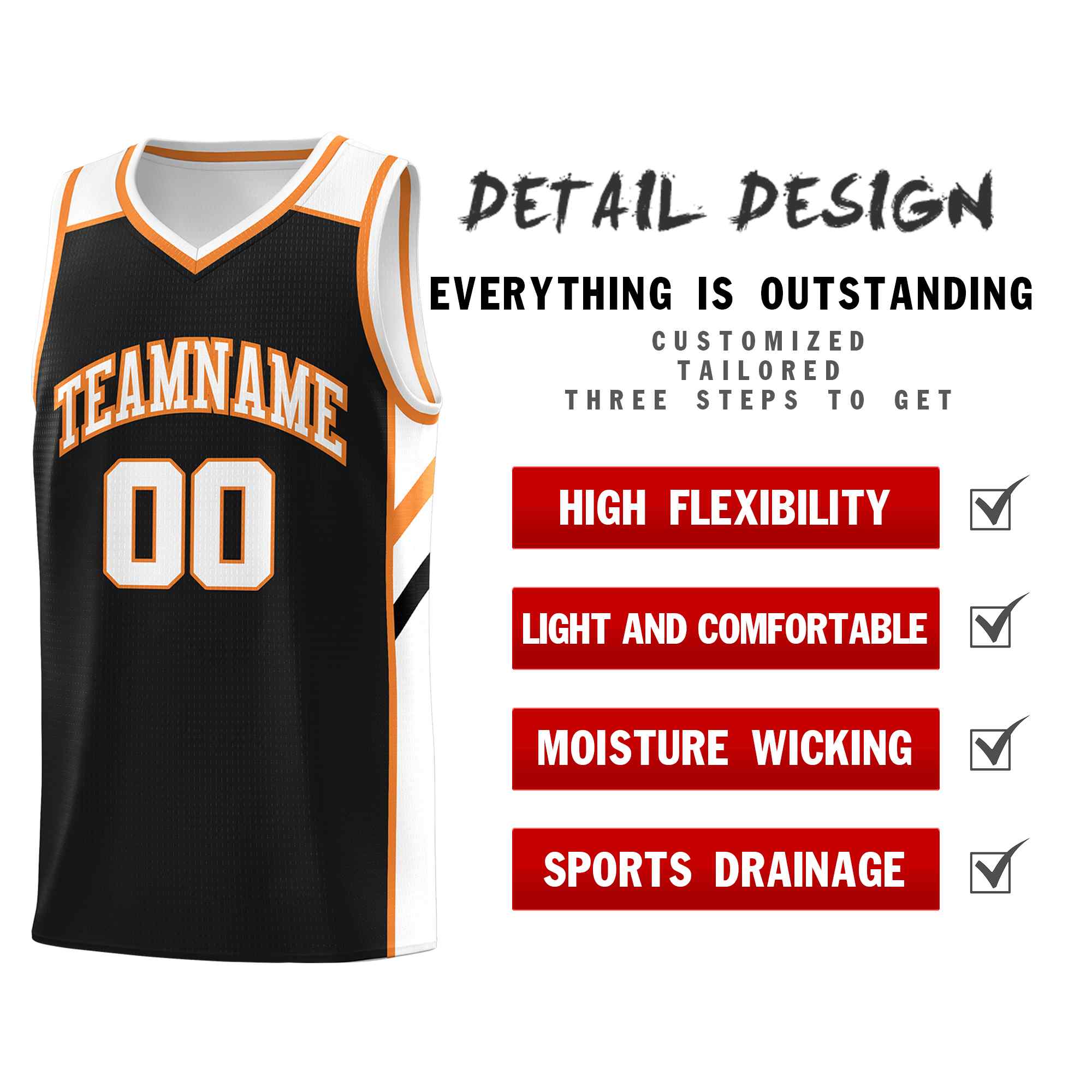 Custom Black White-Orange Classic Sets Sports Uniform Basketball Jersey