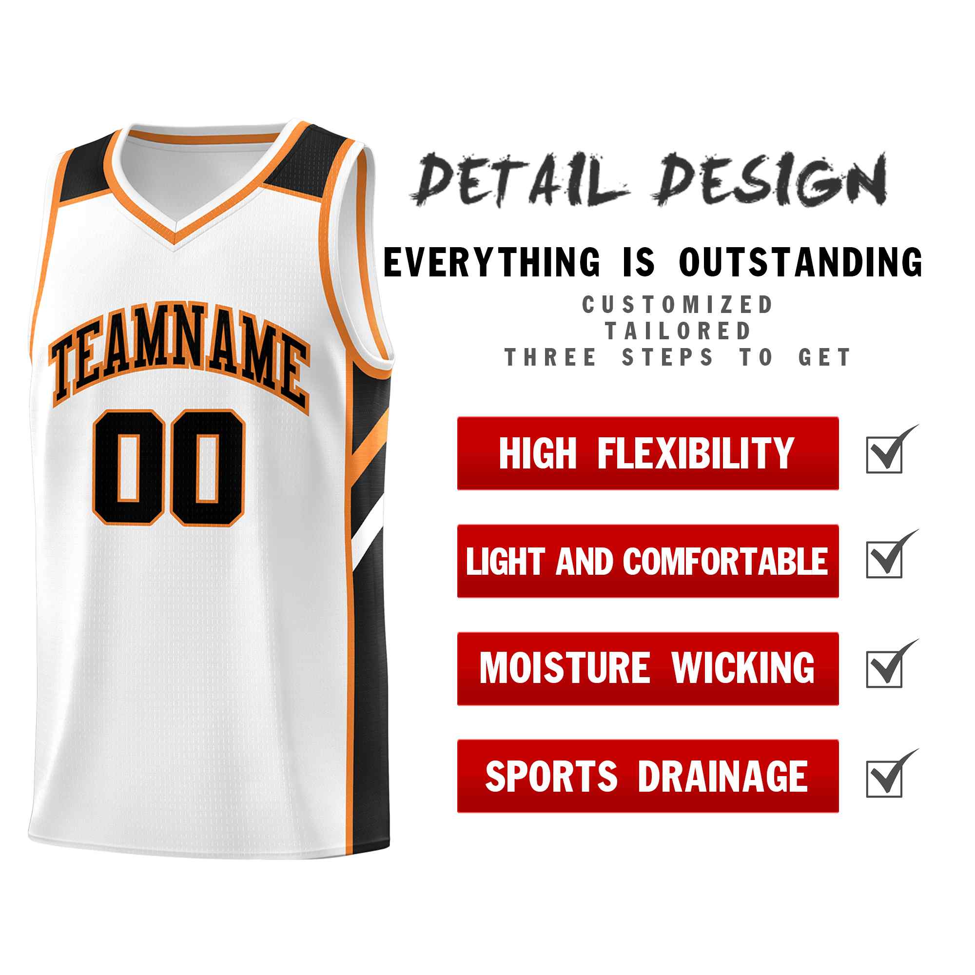 Ensembles classiques personnalisés blanc noir-Orange, maillot de basket-ball uniforme de sport