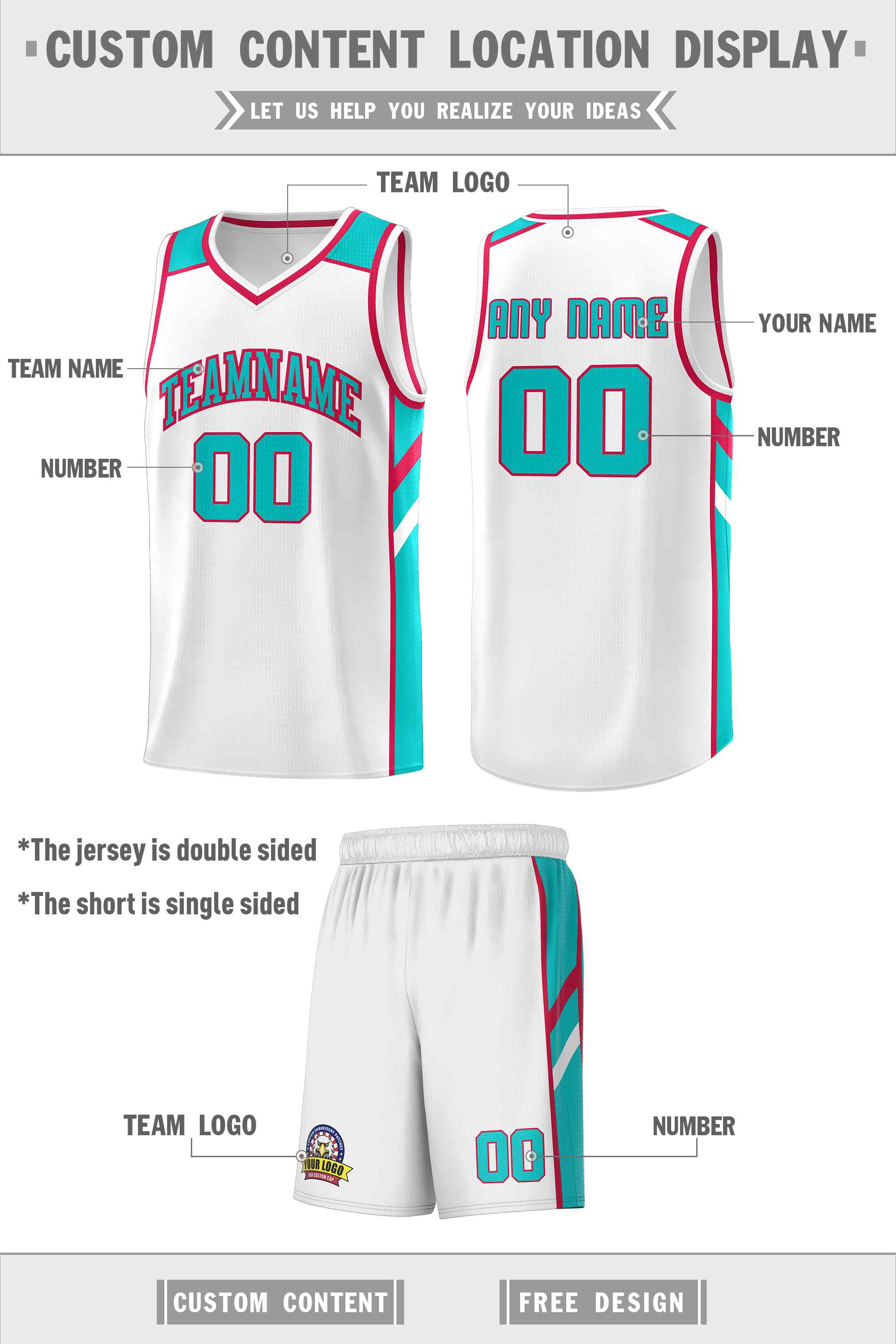 Custom White Aqua-Red Classic Sets Sports Uniform Basketball Jersey