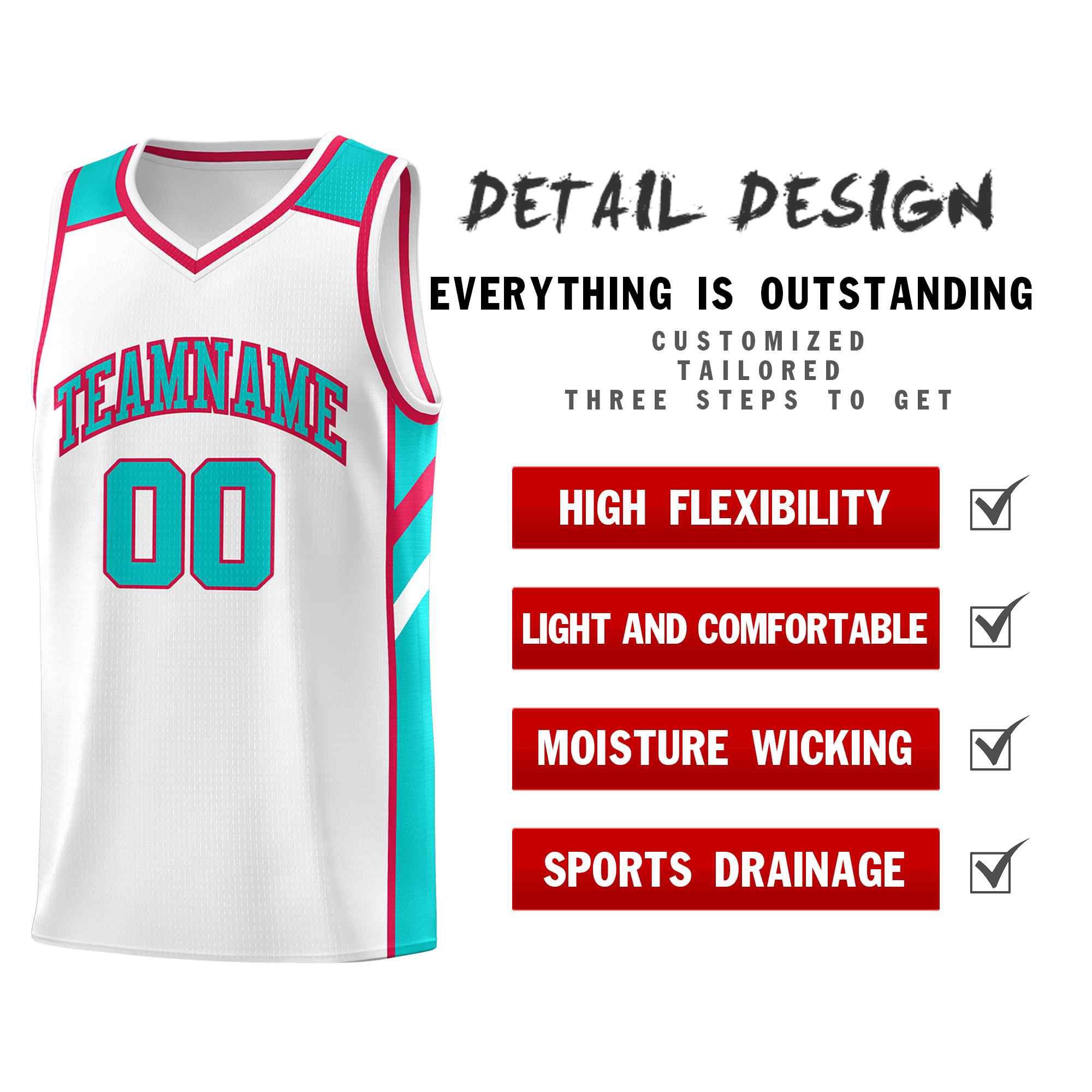 Maillot de basket-ball uniforme de sport, ensembles classiques blancs Aqua-rouge personnalisés