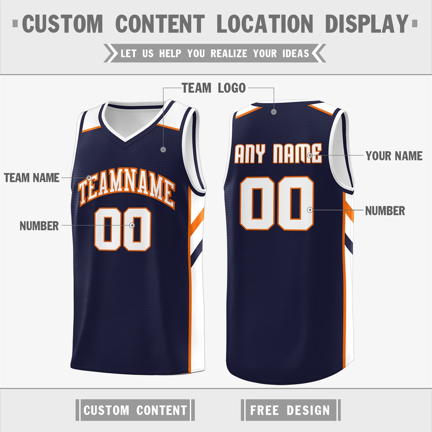 Custom Navy Orange-White Classic Tops Men/Boy Athletic Basketball Jersey