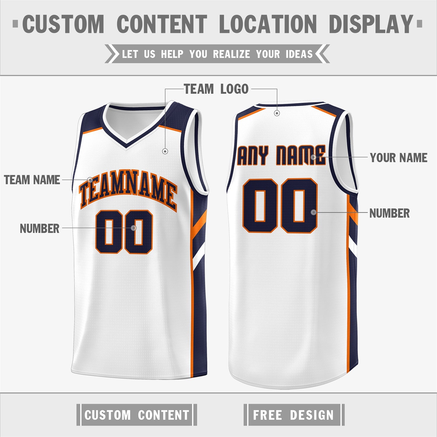 Custom White Navy-Orange Classic Tops Men/Boy Athletic Basketball Jersey