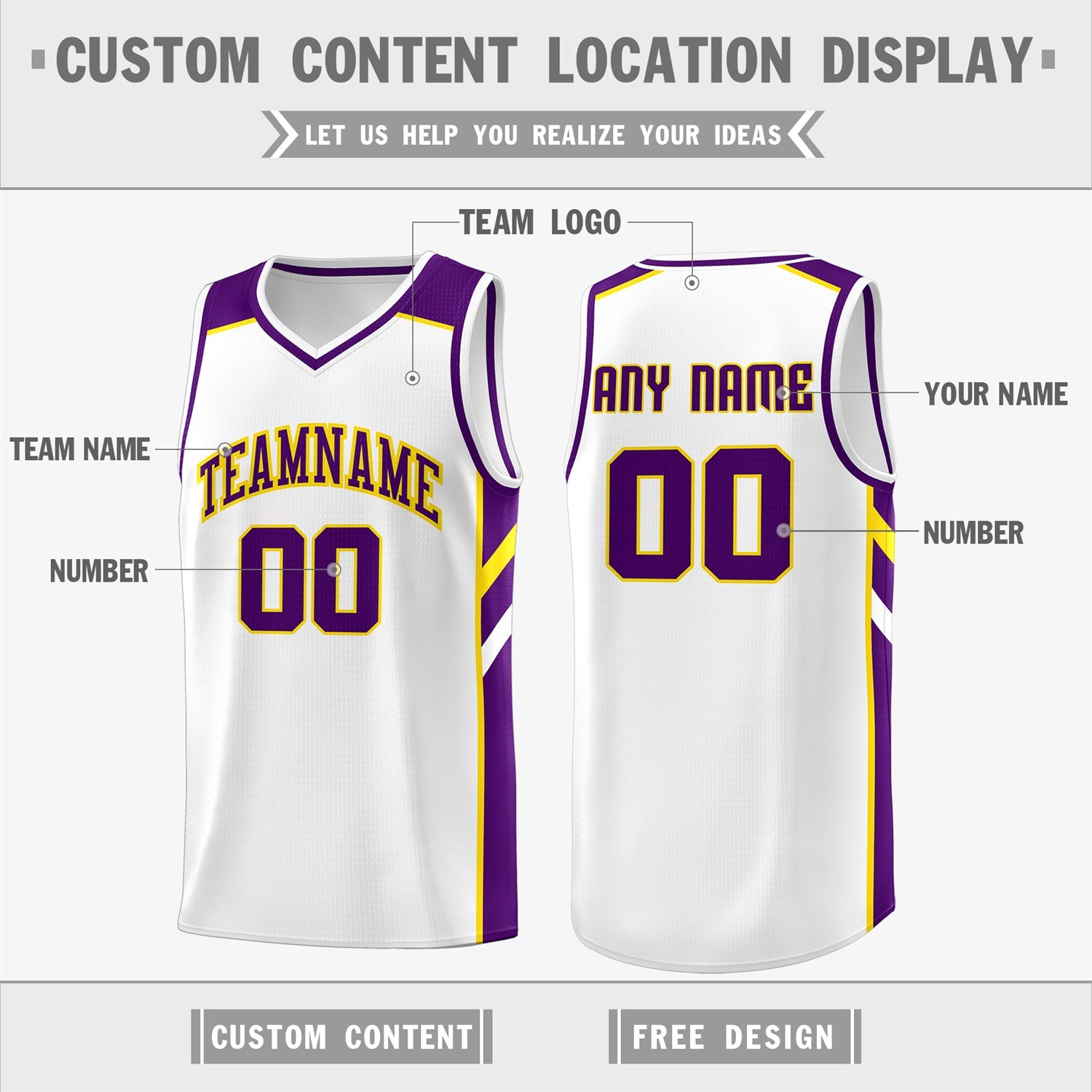 Custom White Purple-Yellow Classic Tops Men/Boy Athletic Basketball Jersey