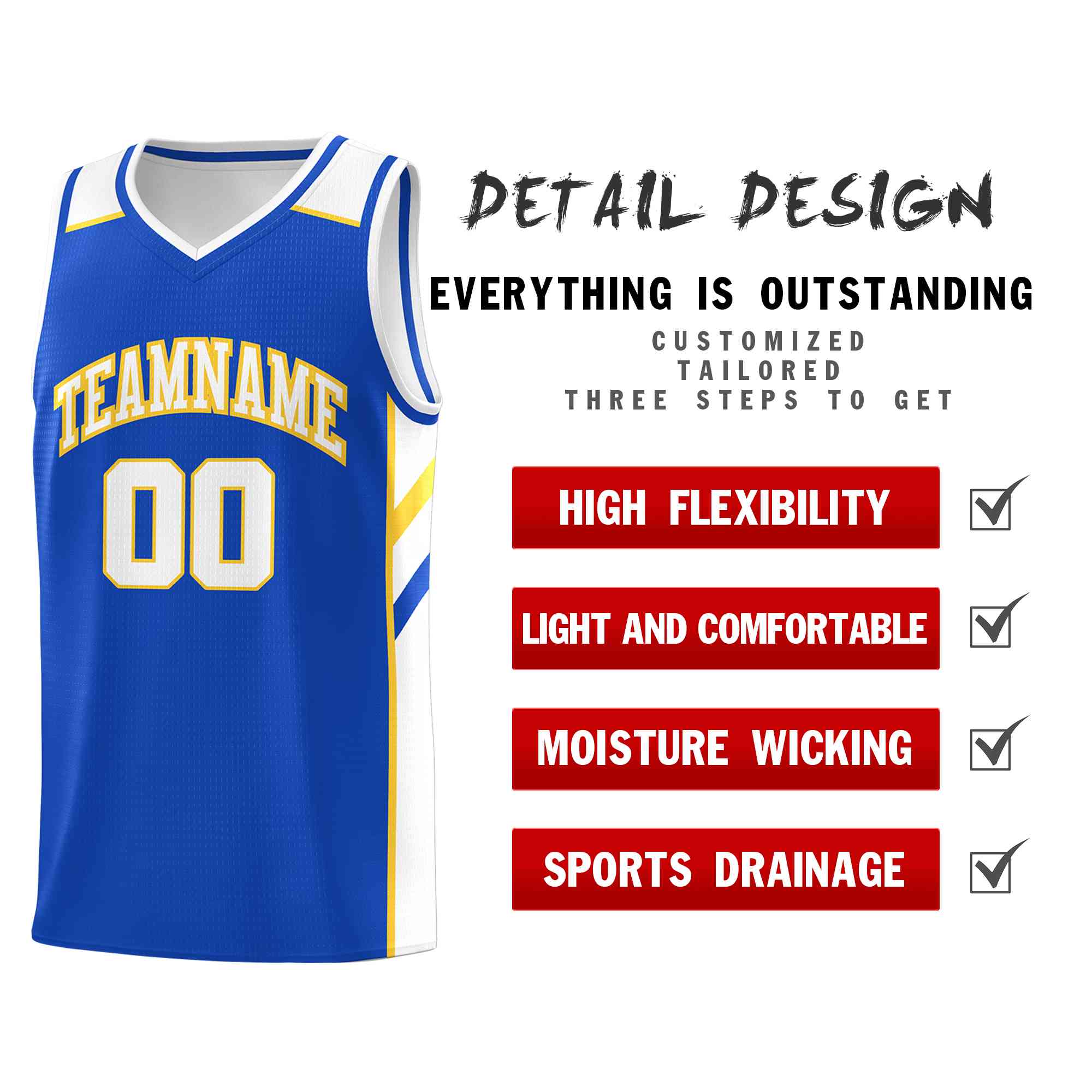 Custom Blue White-Yellow Classic Tops Style Mesh Sport Basketball Jersey