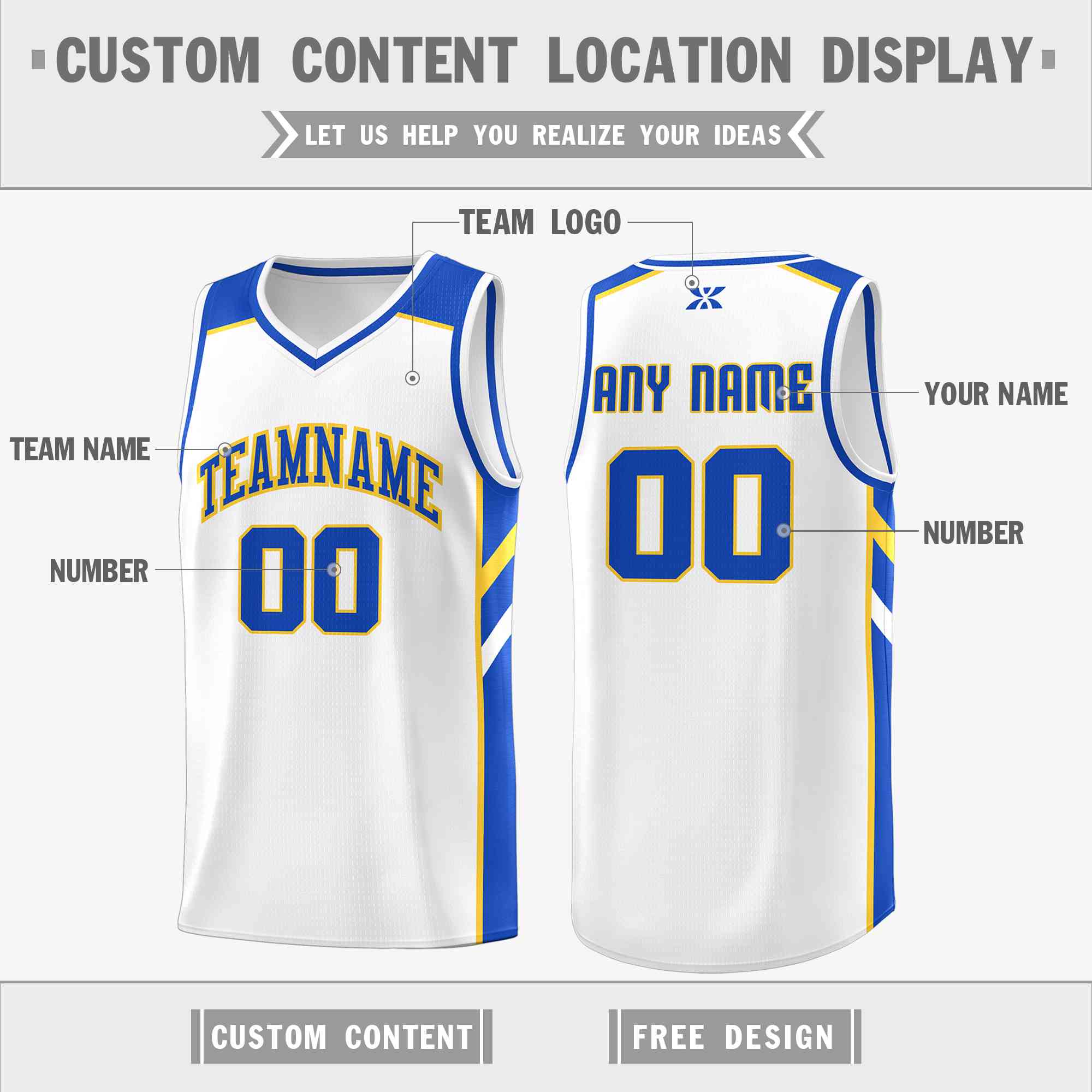 Custom White Blue-Yellow Classic Tops Style Mesh Sport Basketball Jersey