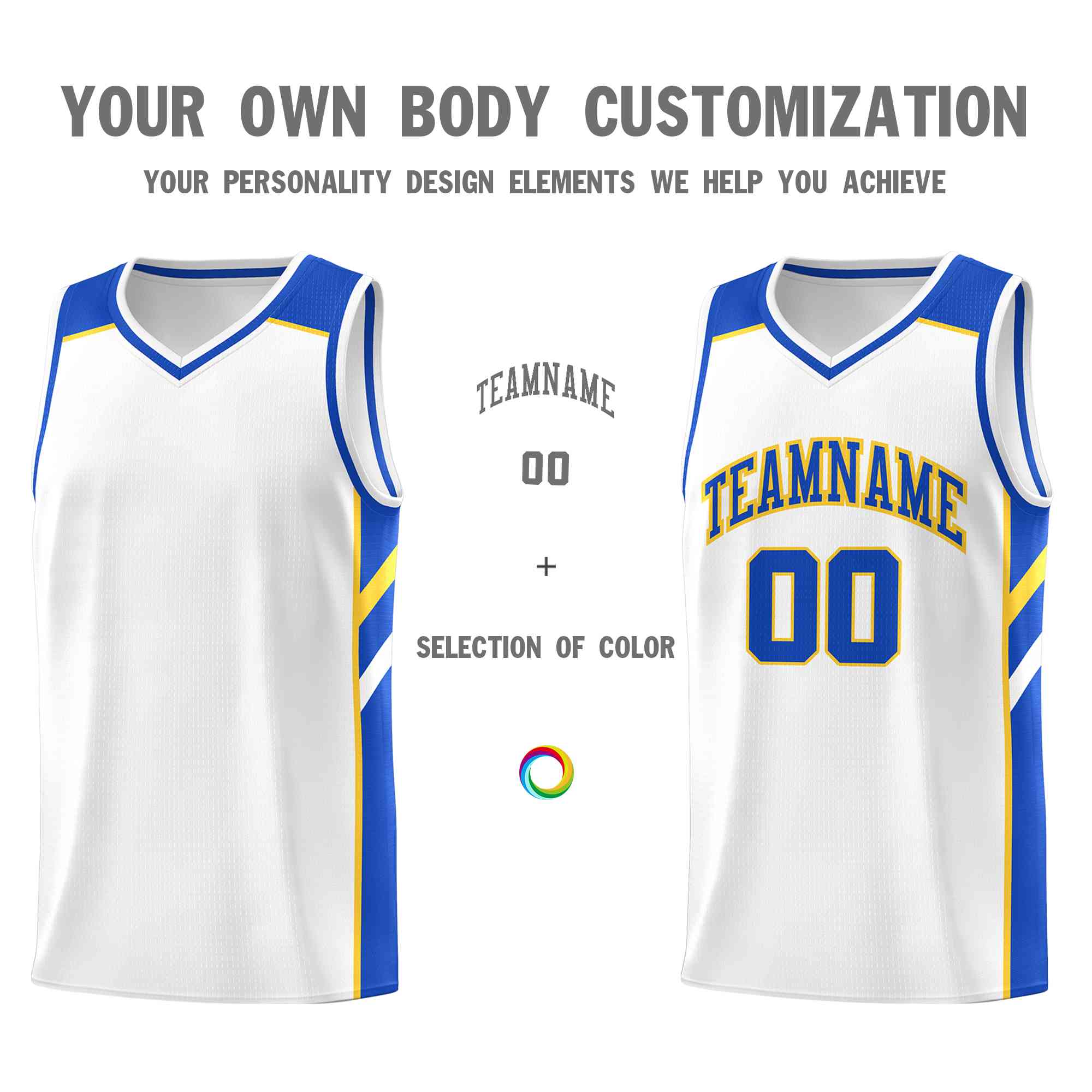 Custom White Blue-Yellow Classic Tops Style Mesh Sport Basketball Jersey