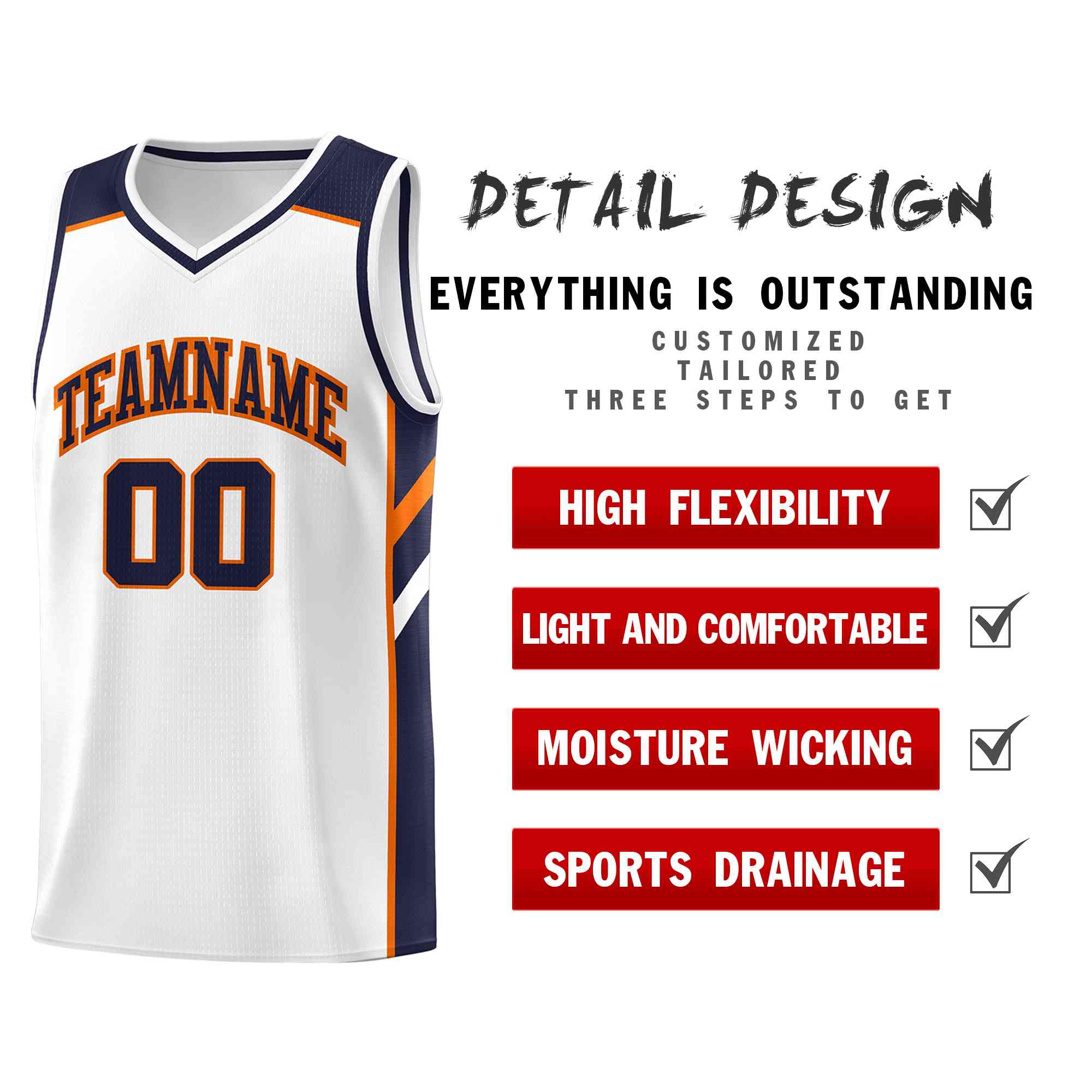 Custom White Navy-Orange Classic Tops Style Mesh Sport Basketball Jersey