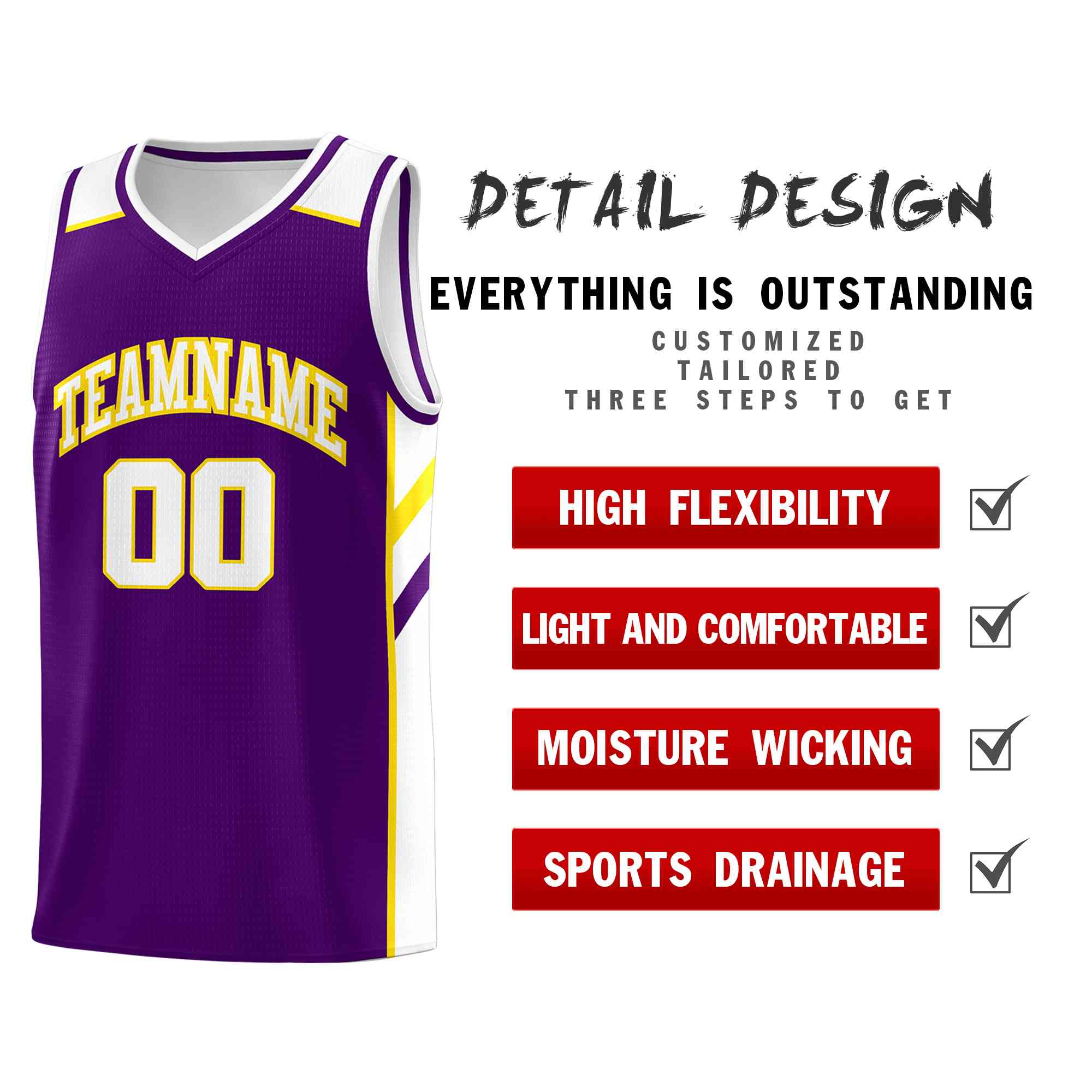 Custom Purple White-Yellow Classic Tops Style Mesh Sport Basketball Jersey