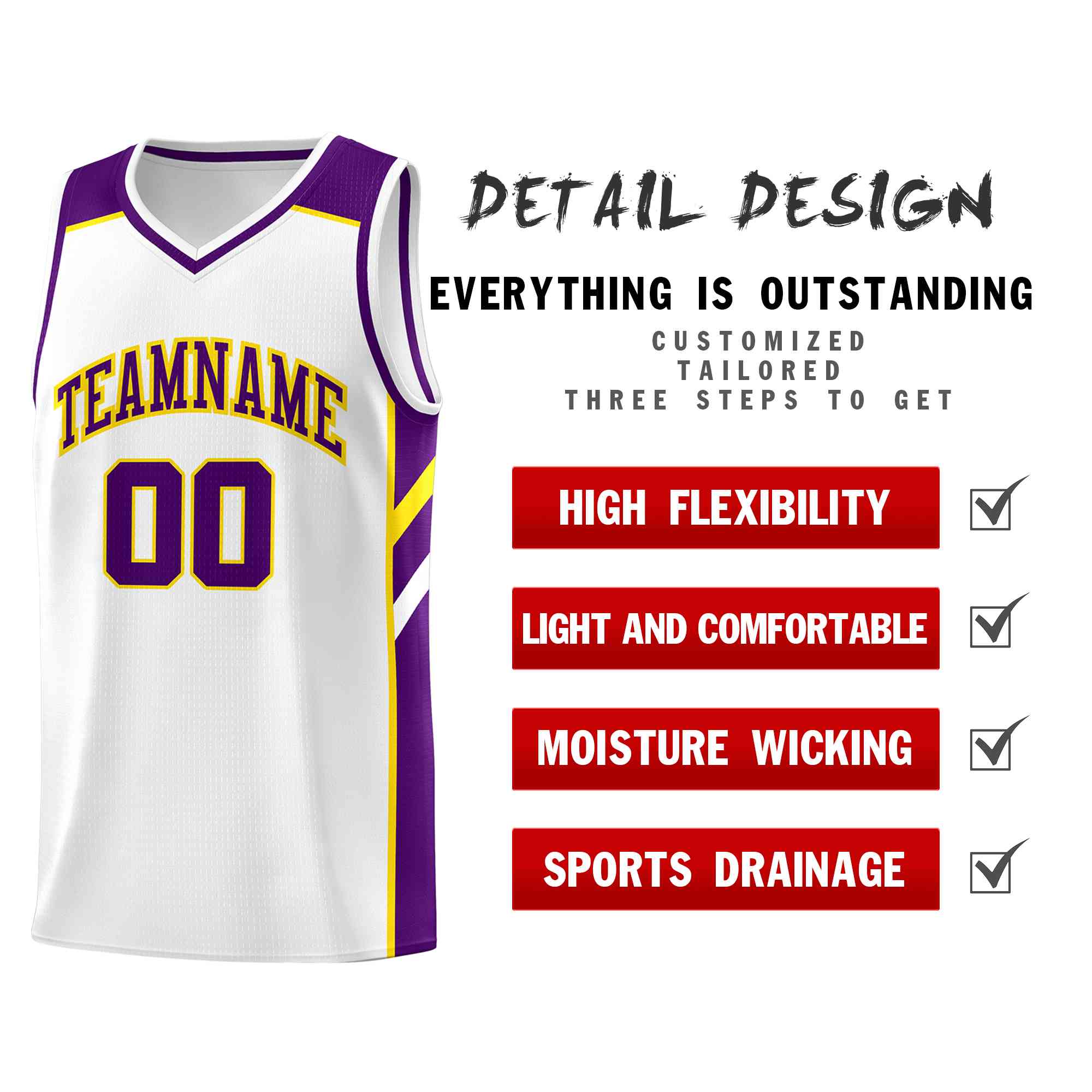 Custom White Purple-Yellow Classic Tops Style Mesh Sport Basketball Jersey