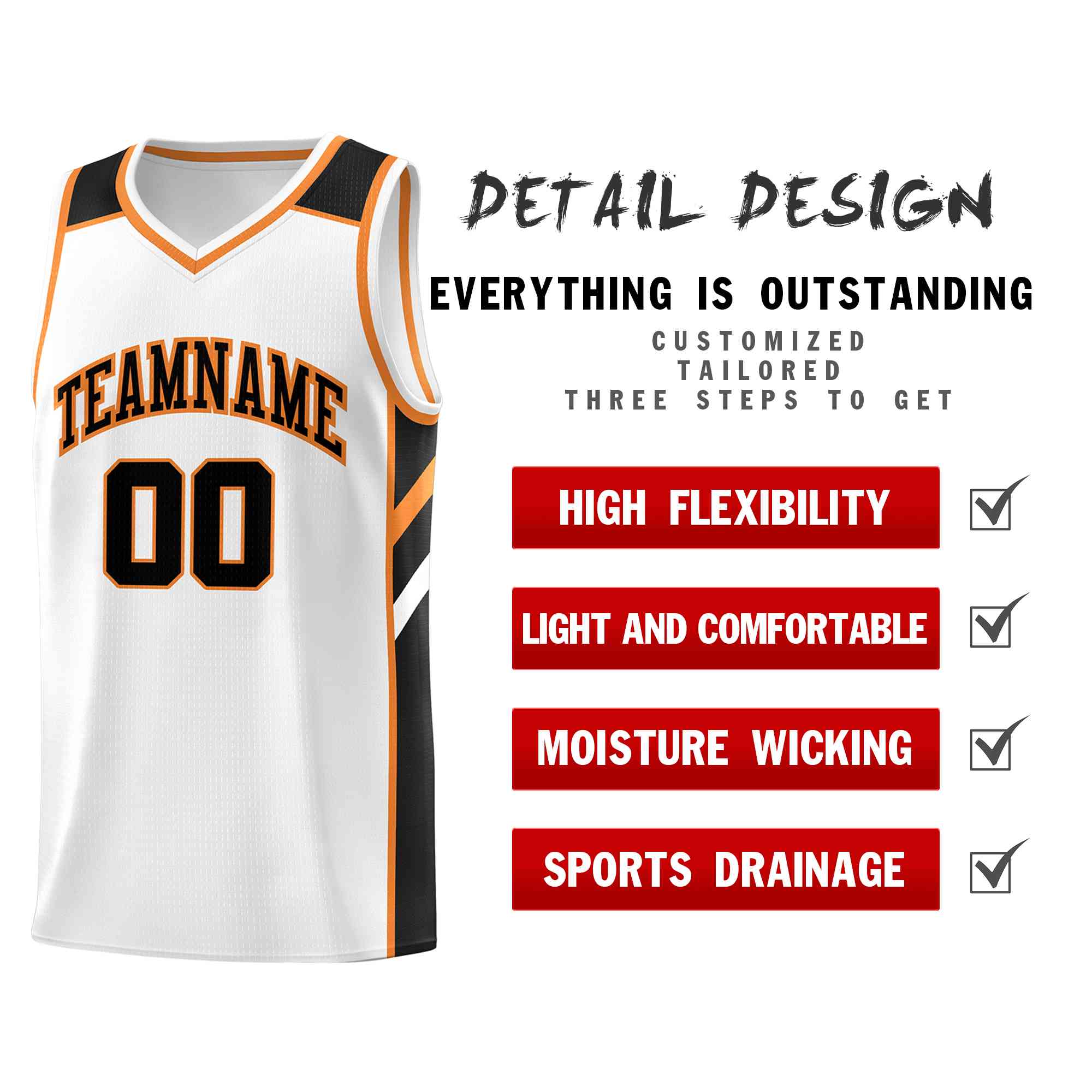 Custom White Black-Orange Classic Tops Style Mesh Sport Basketball Jersey