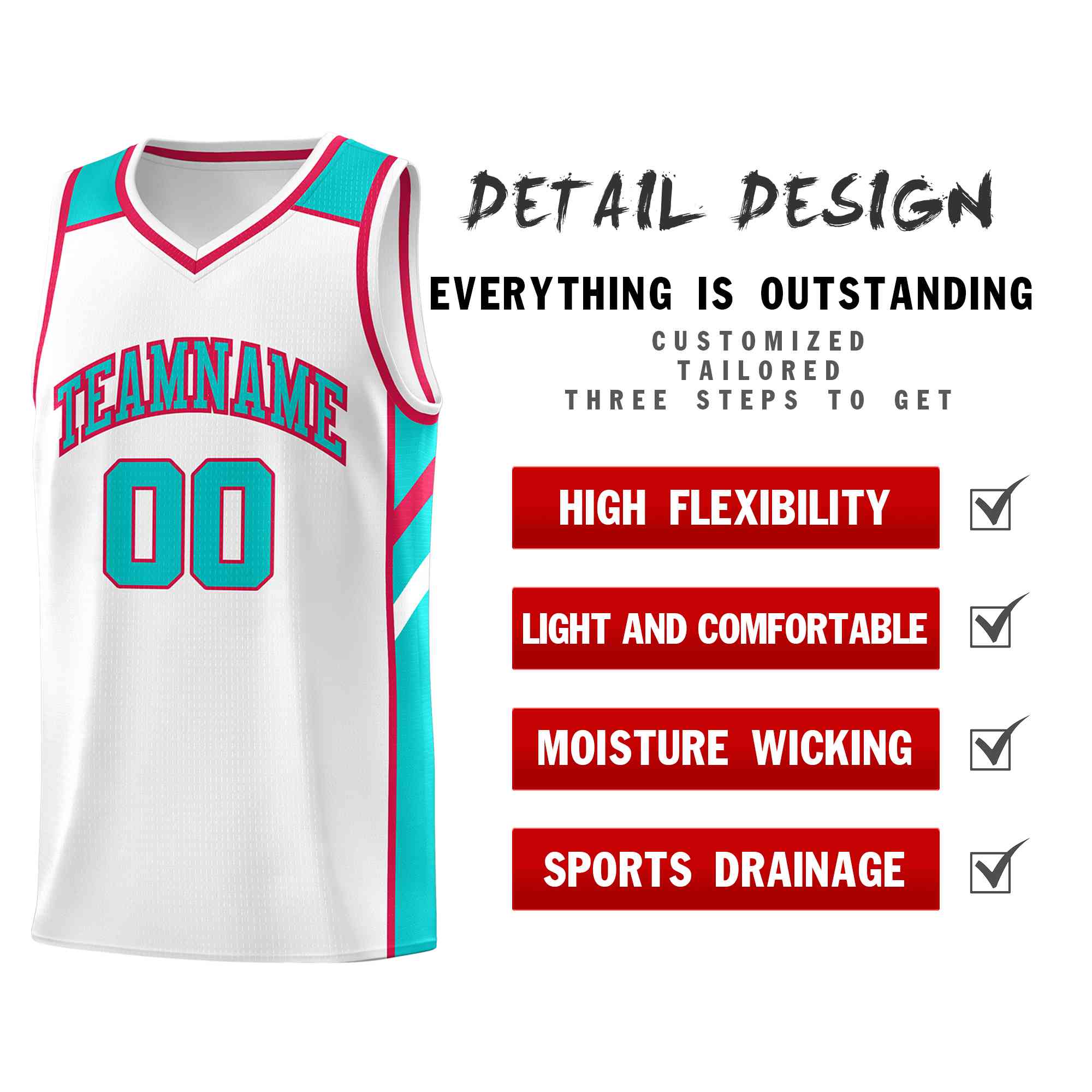 Maillot de basket-ball de sport en maille, haut classique blanc Aqua-rouge personnalisé