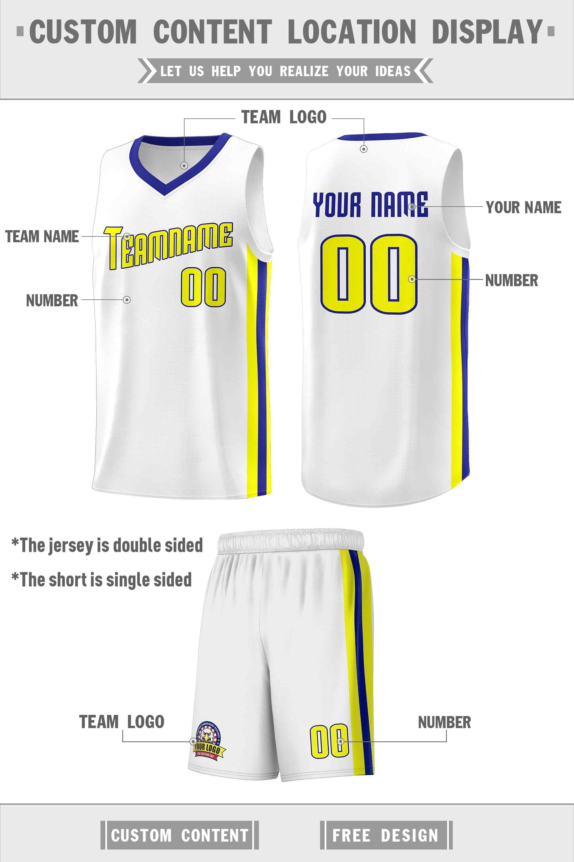 Custom White Yellow-Royal Classic Sets Sports Uniform Basketball Jersey