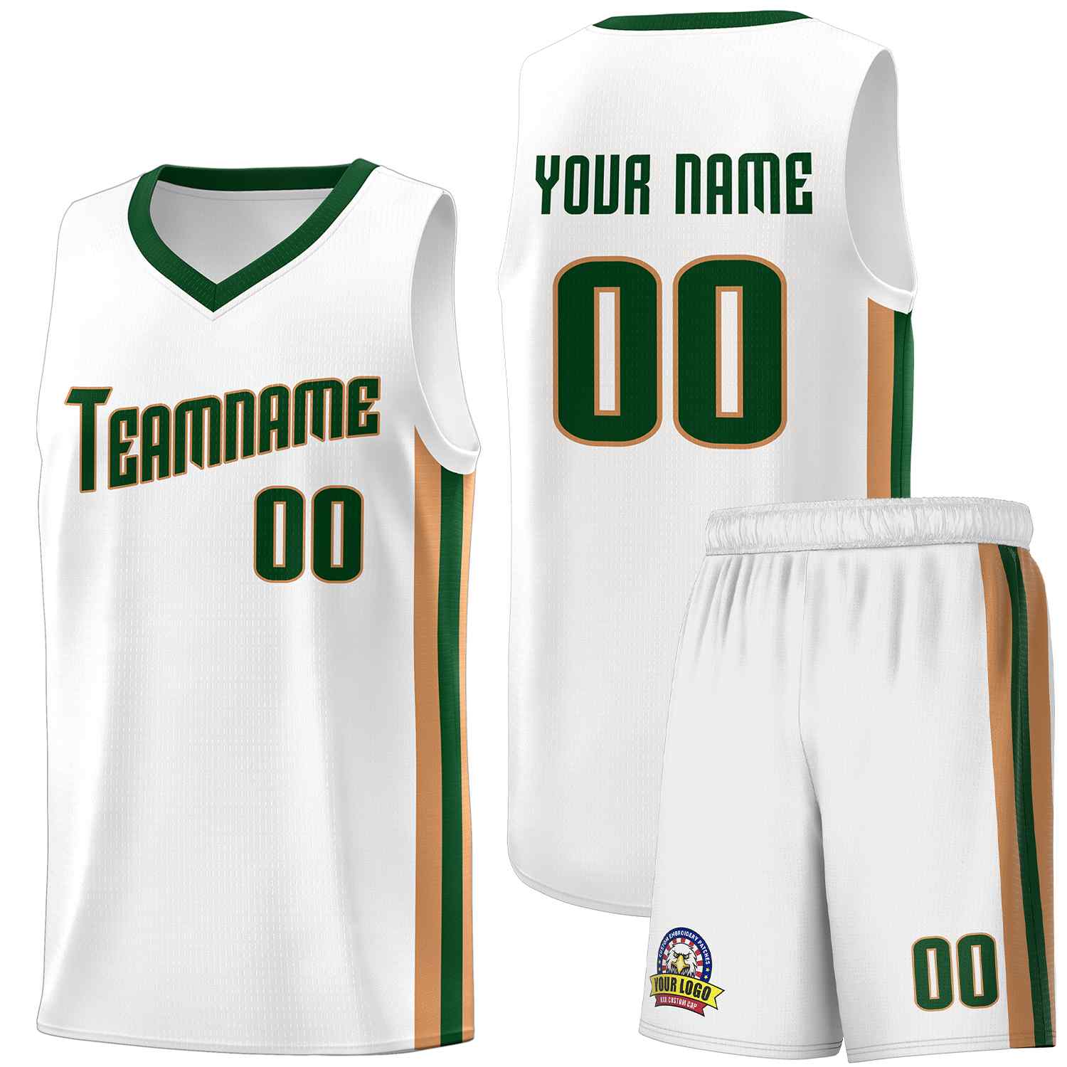 Maillot de basket-ball uniforme de sport, ensembles classiques personnalisés, blanc, vert-vieil or