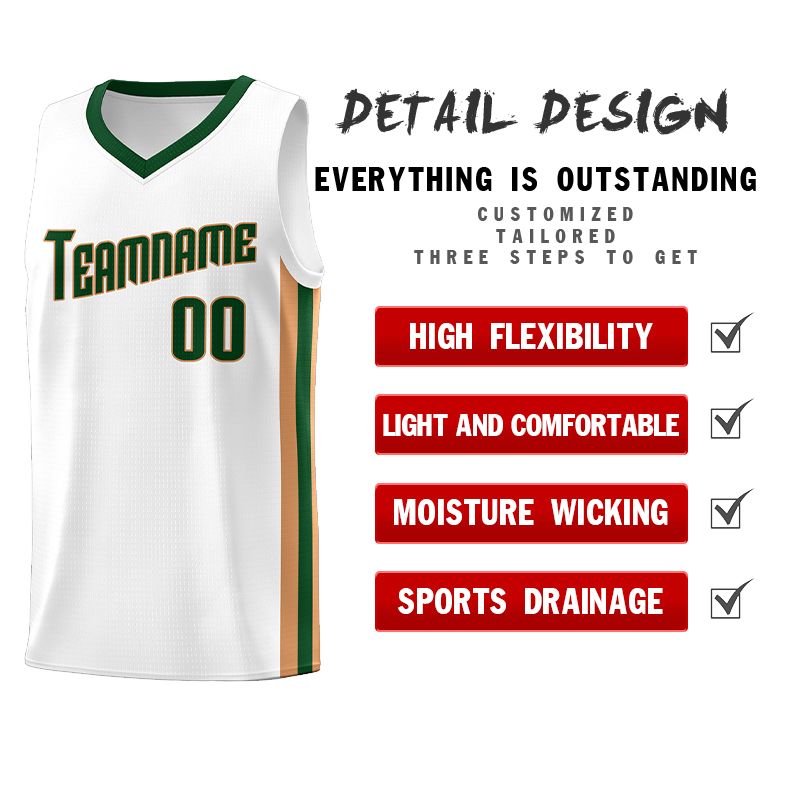 Maillot de basket-ball uniforme de sport, ensembles classiques personnalisés, blanc, vert-vieil or