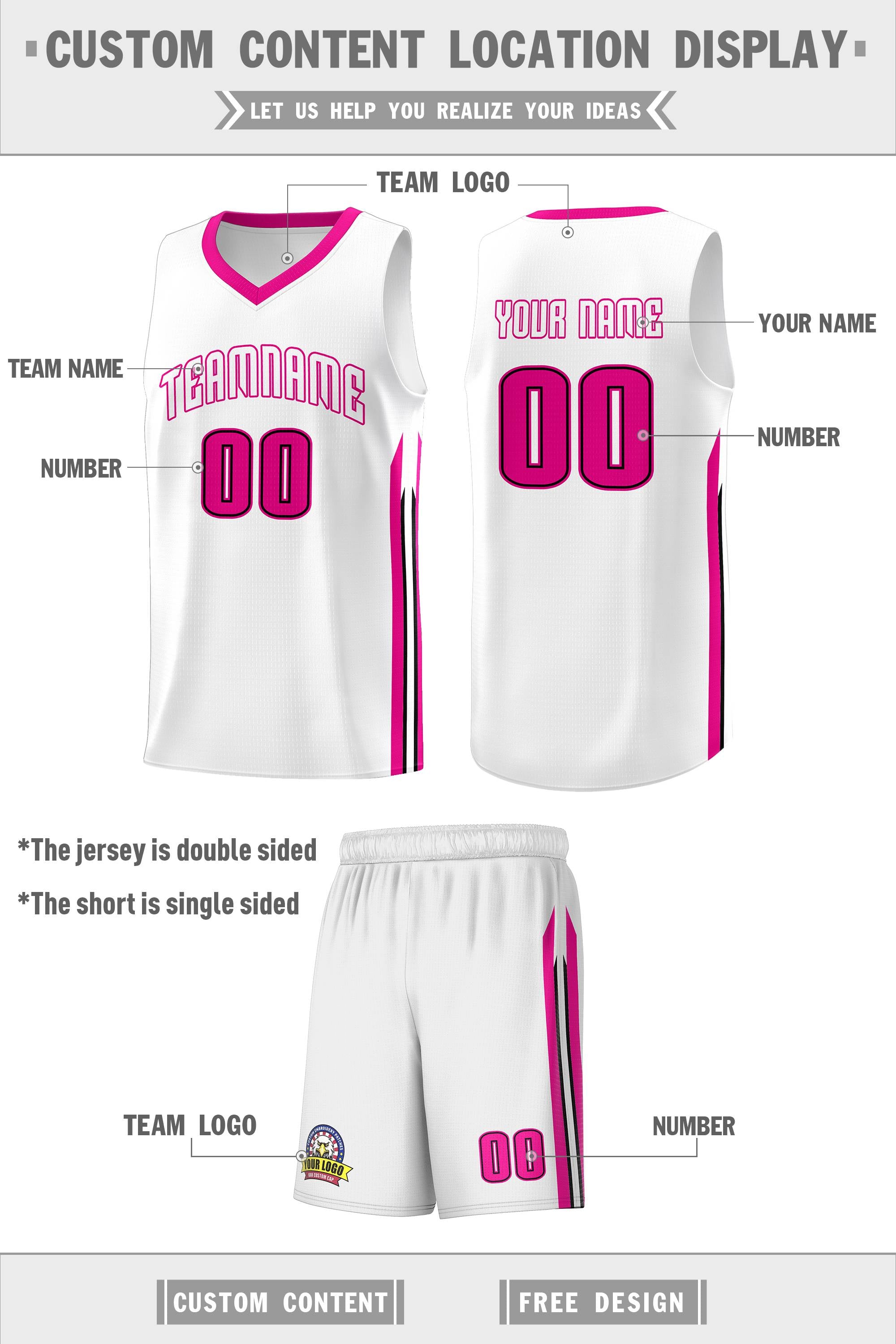 Le classique rose blanc fait sur commande place le maillot uniforme de basket-ball de sports