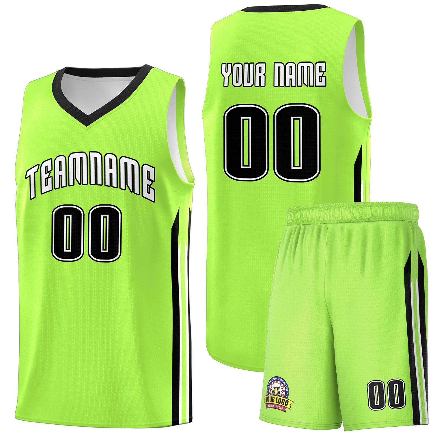 Maillot de basket-ball personnalisé, vert néon, blanc-noir, ensembles classiques, uniforme de sport