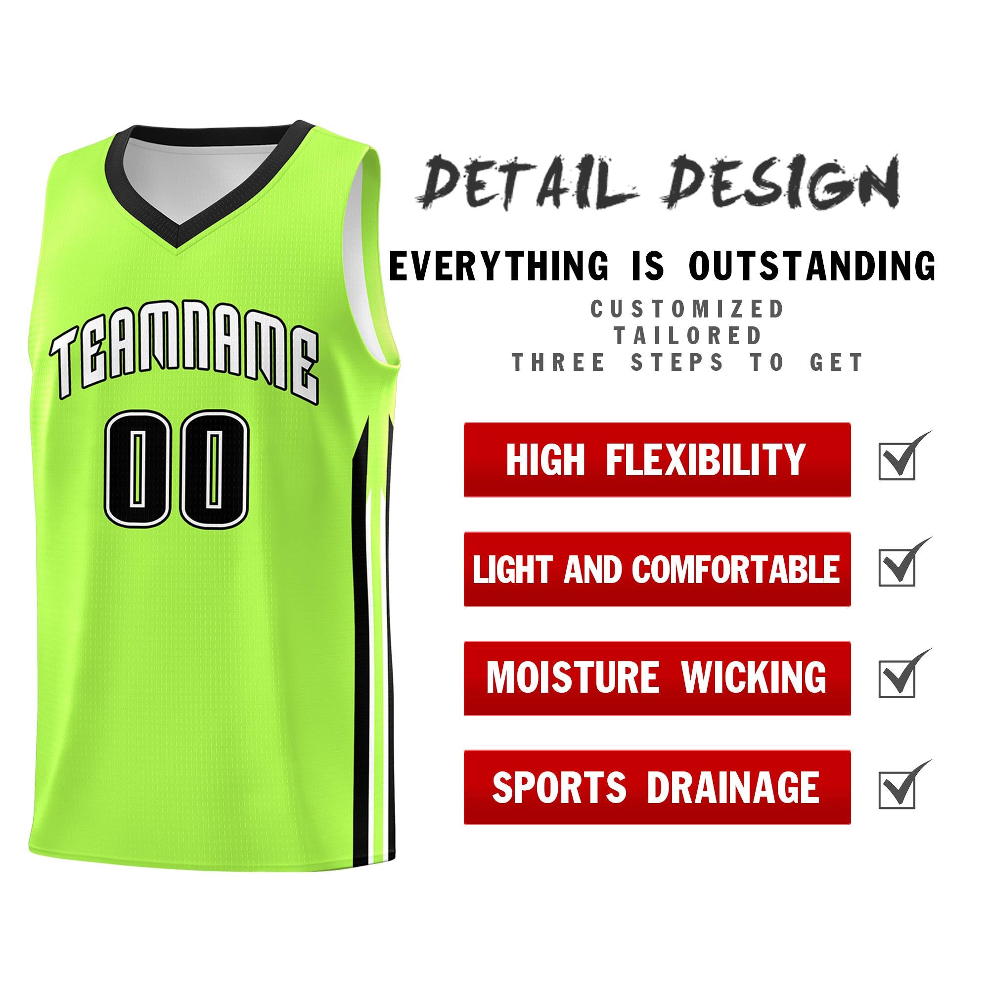 Maillot de basket-ball personnalisé, vert néon, blanc-noir, ensembles classiques, uniforme de sport