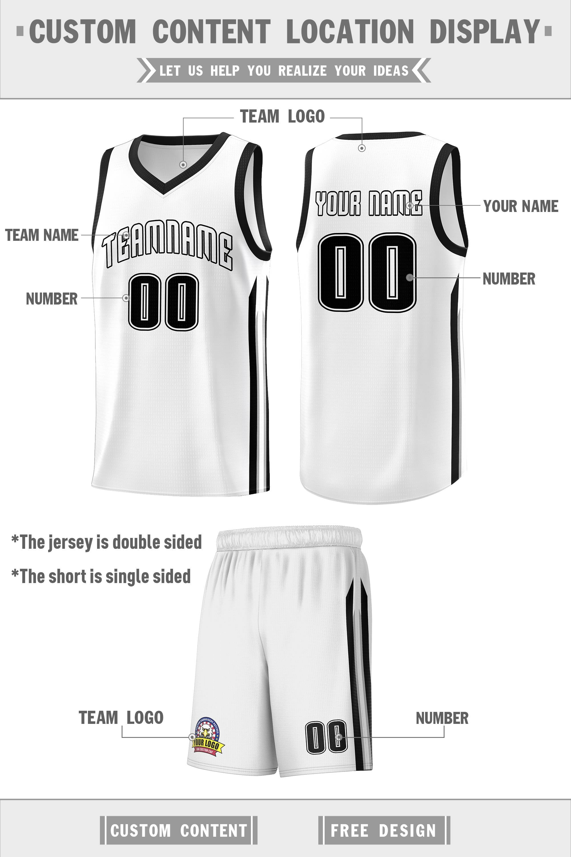 Custom White Black Classic Sets Sports Uniform Basketball Jersey