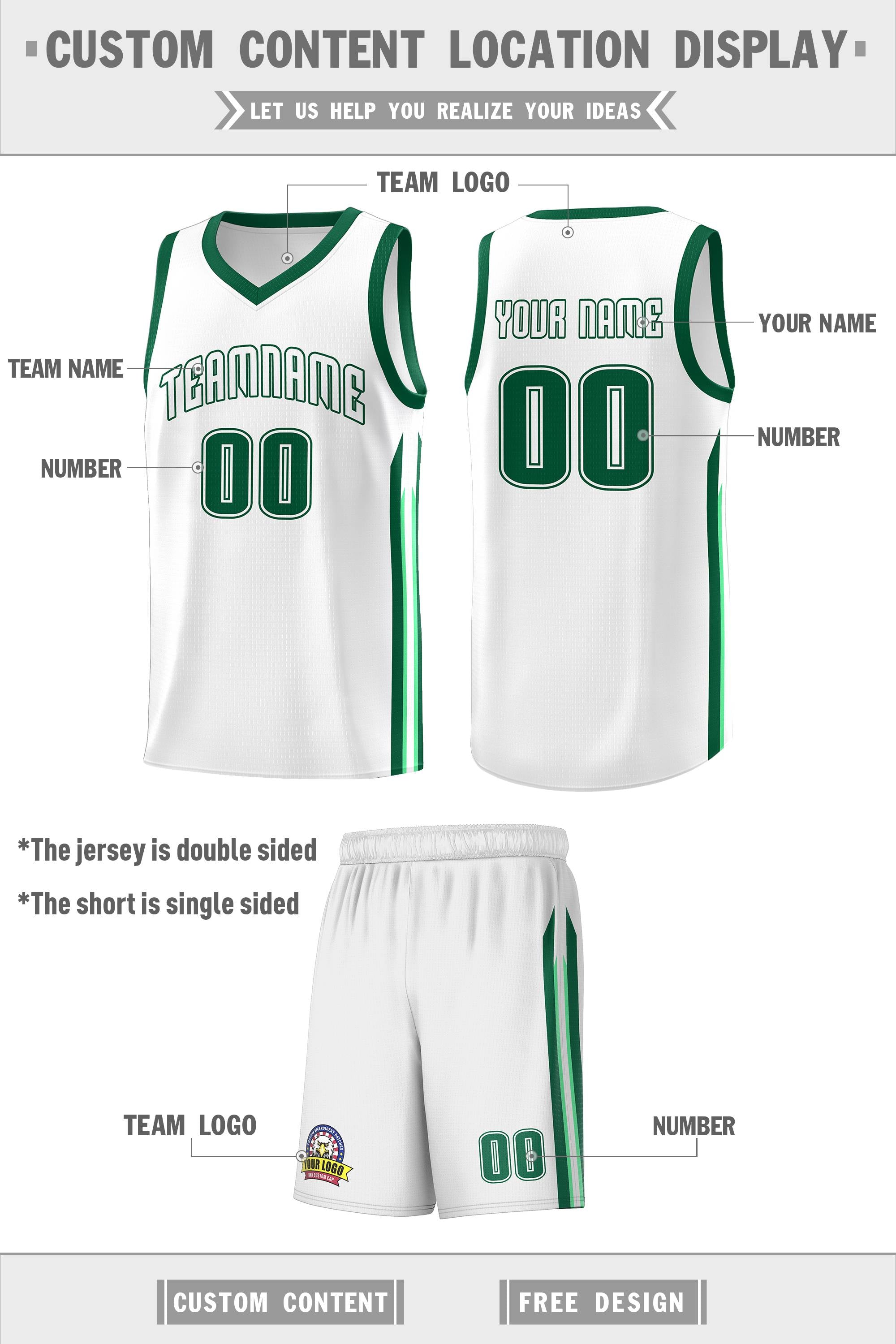 Custom White Green Classic Sets Sports Uniform Basketball Jersey