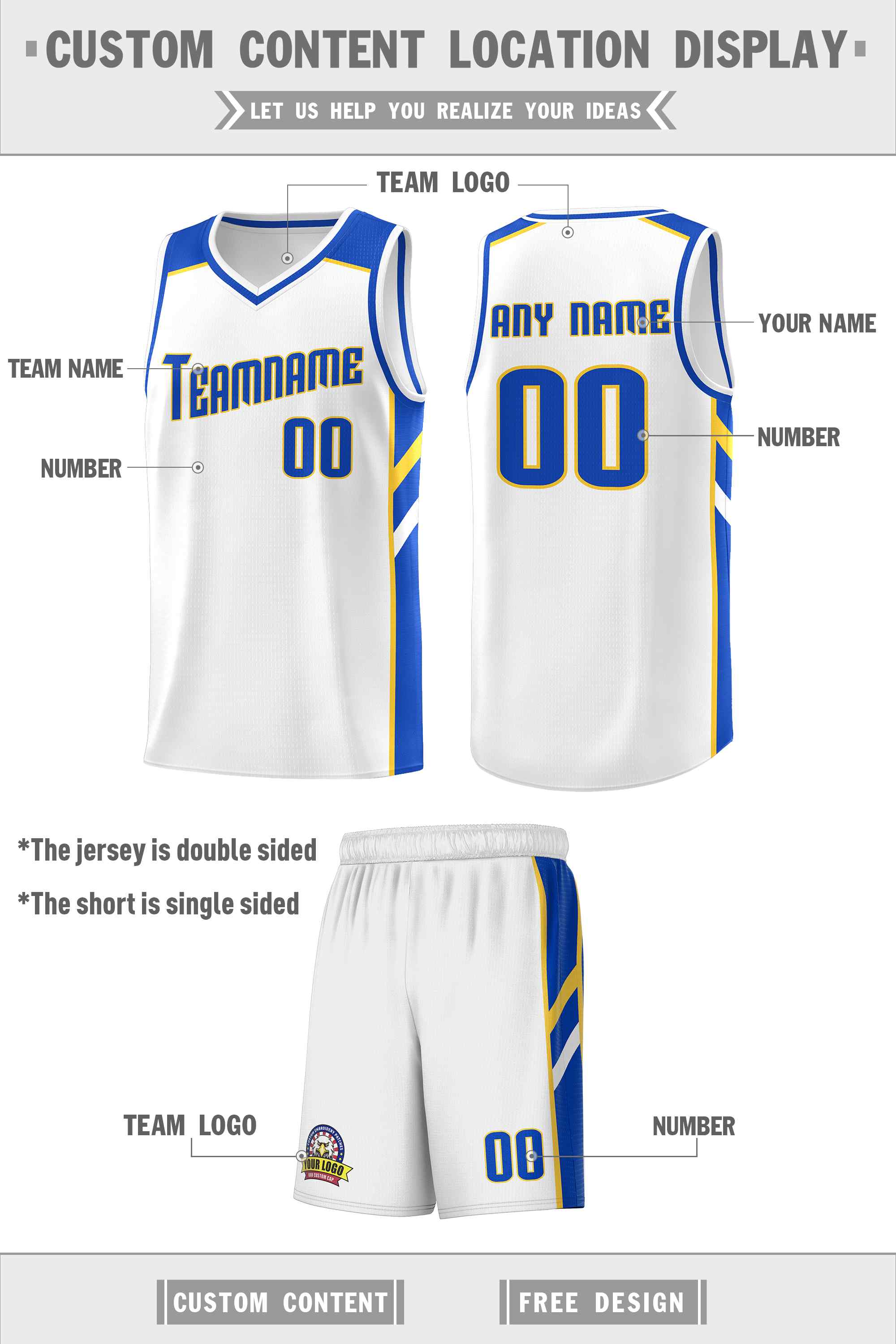 Custom White Royal-Yellow Classic Sets Sports Uniform Basketball Jersey