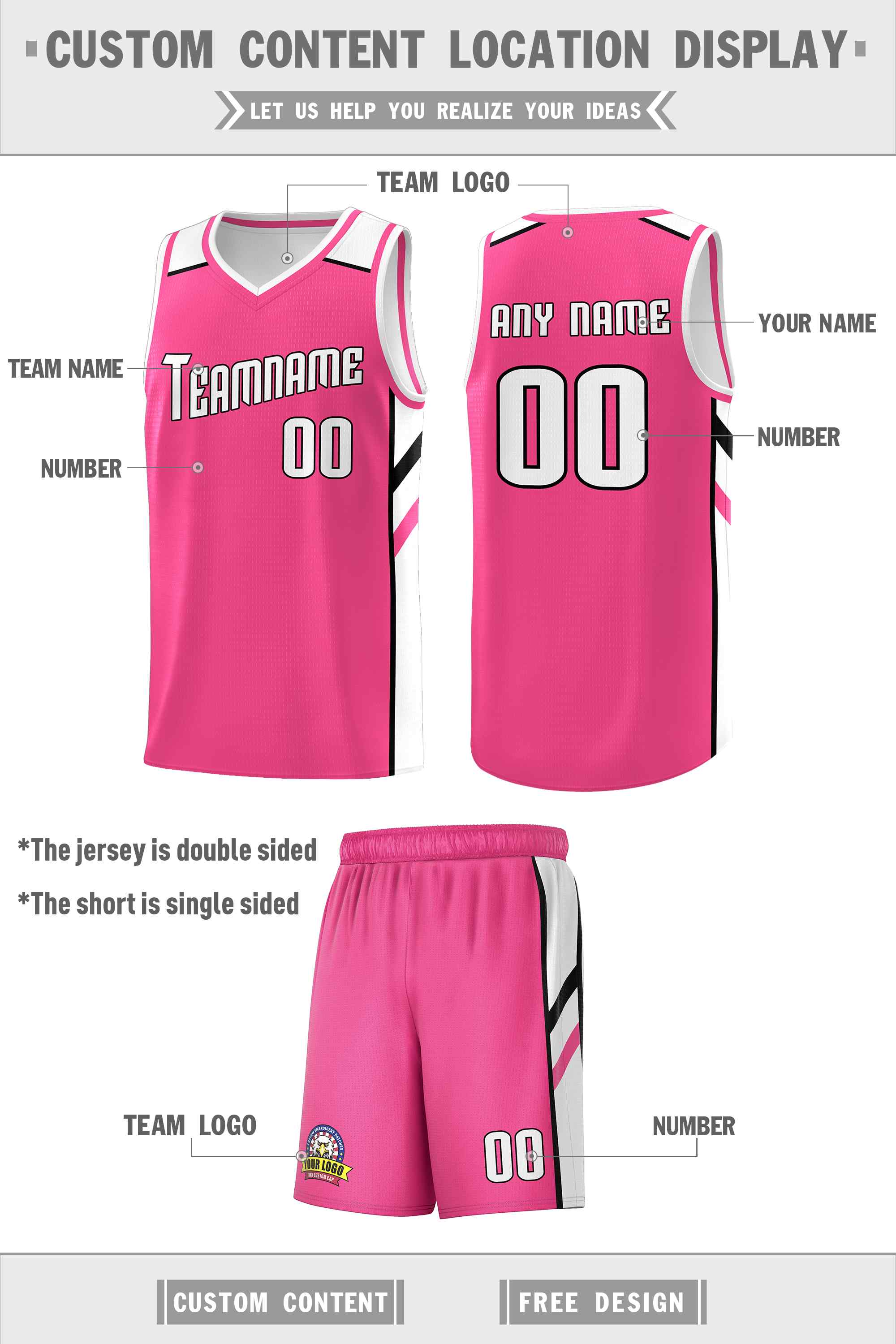 Ensembles classiques rose blanc-noir personnalisés, maillot de basket-ball uniforme de sport