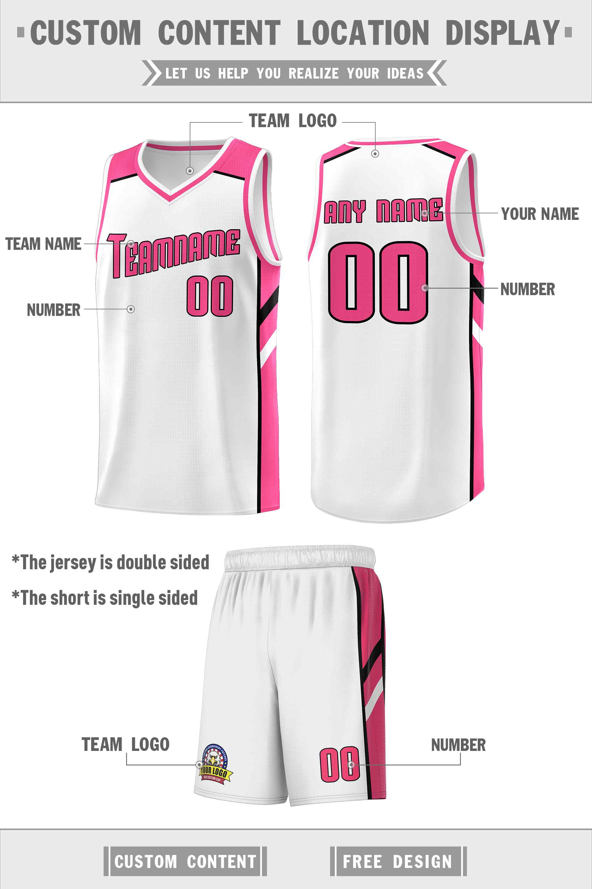 Custom White Pink-Black Classic Sets Sports Uniform Basketball Jersey