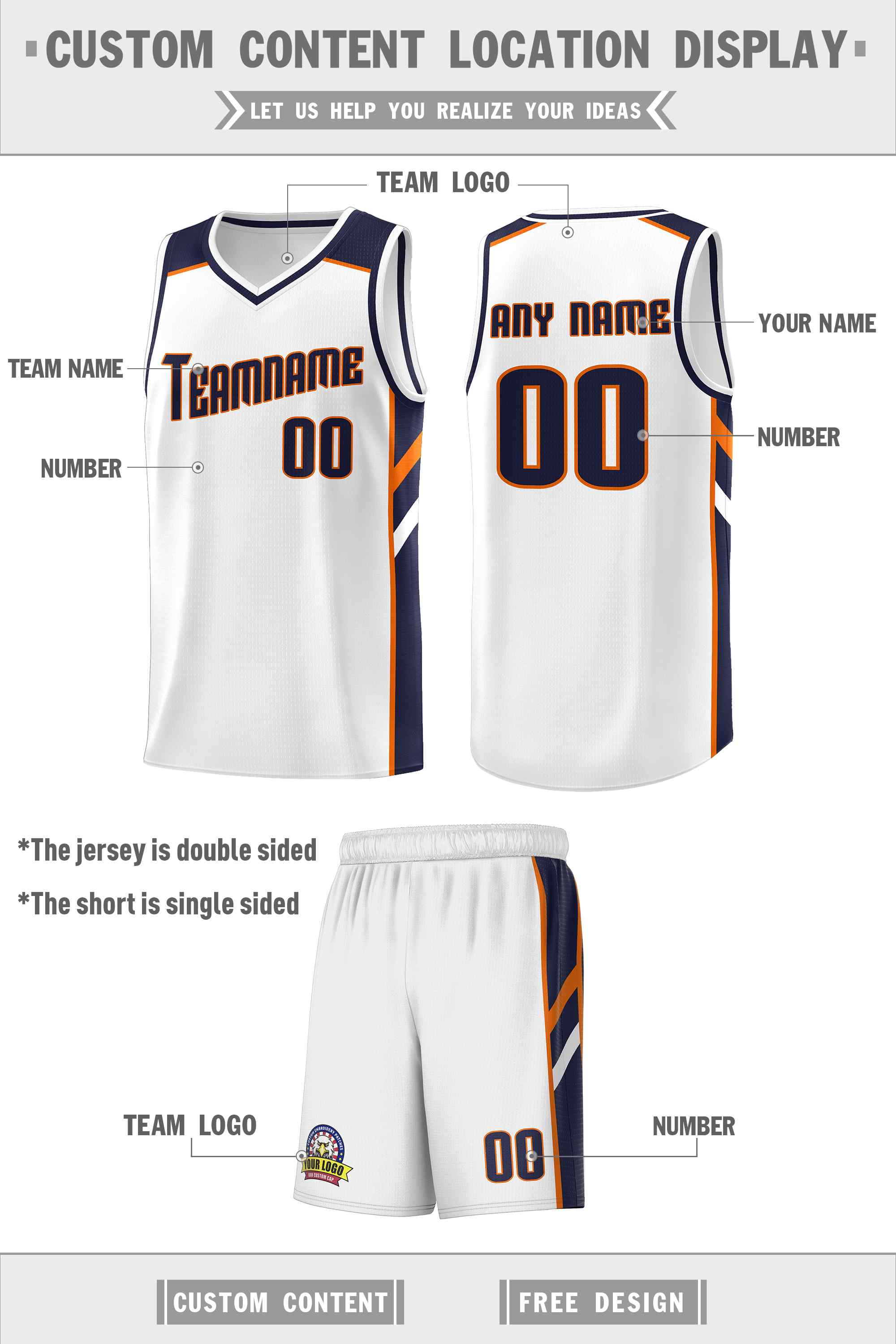 Custom White Navy-Orange Classic Sets Sports Uniform Basketball Jersey