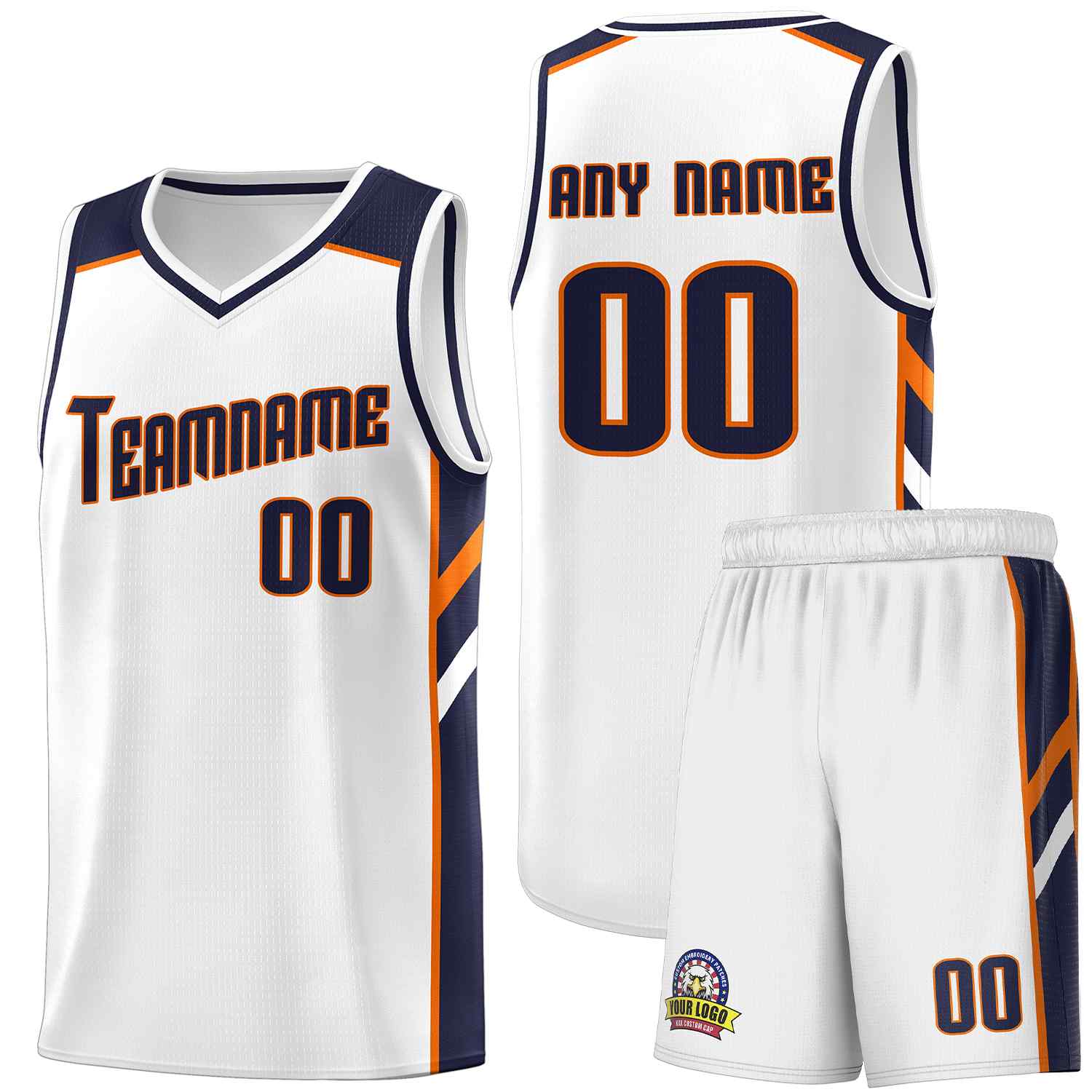 Maillot de basket-ball uniforme de sport, ensembles classiques blancs et Orange personnalisés, bleu marine