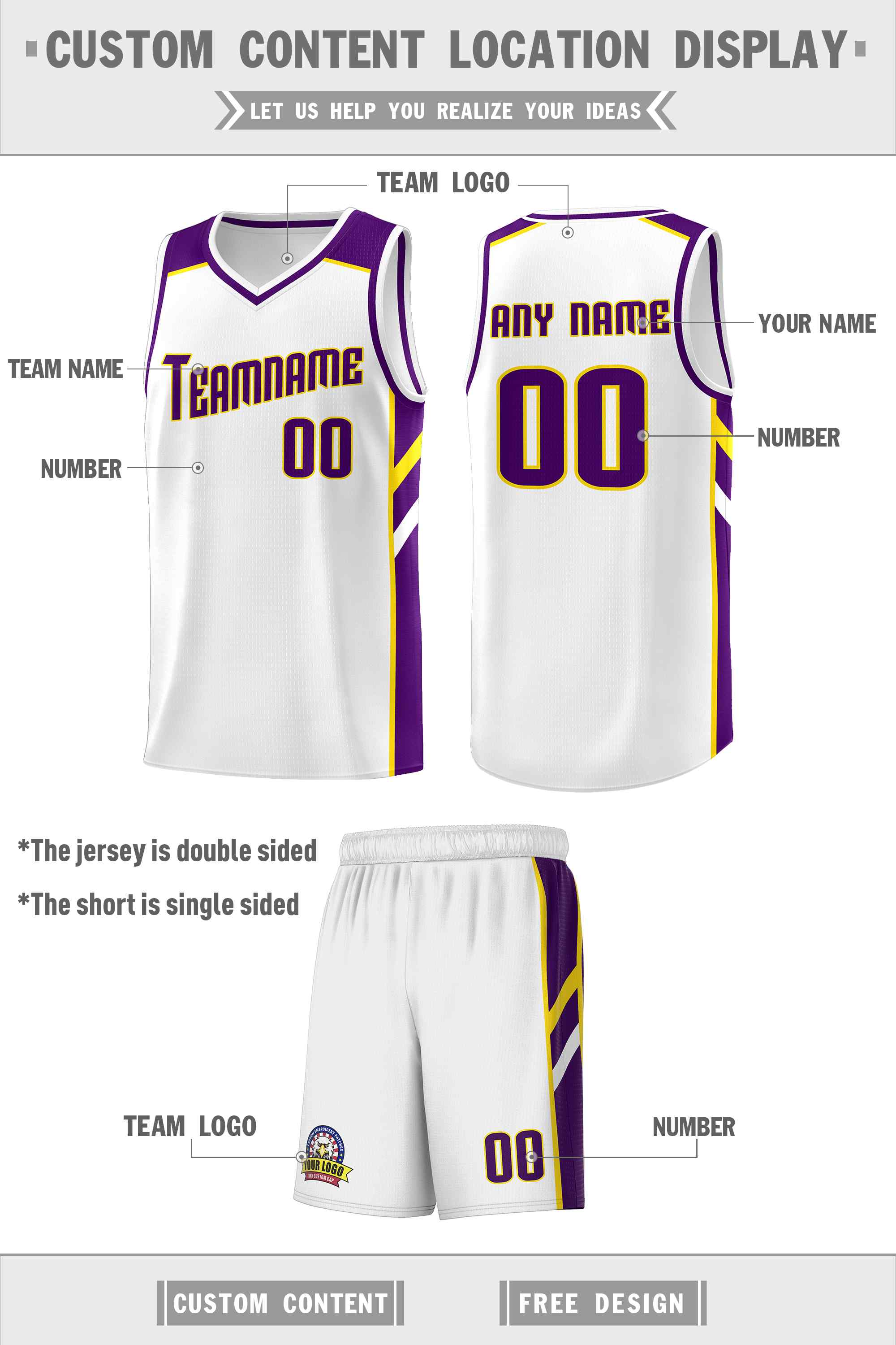 Custom White Purple-Yellow Classic Sets Sports Uniform Basketball Jersey