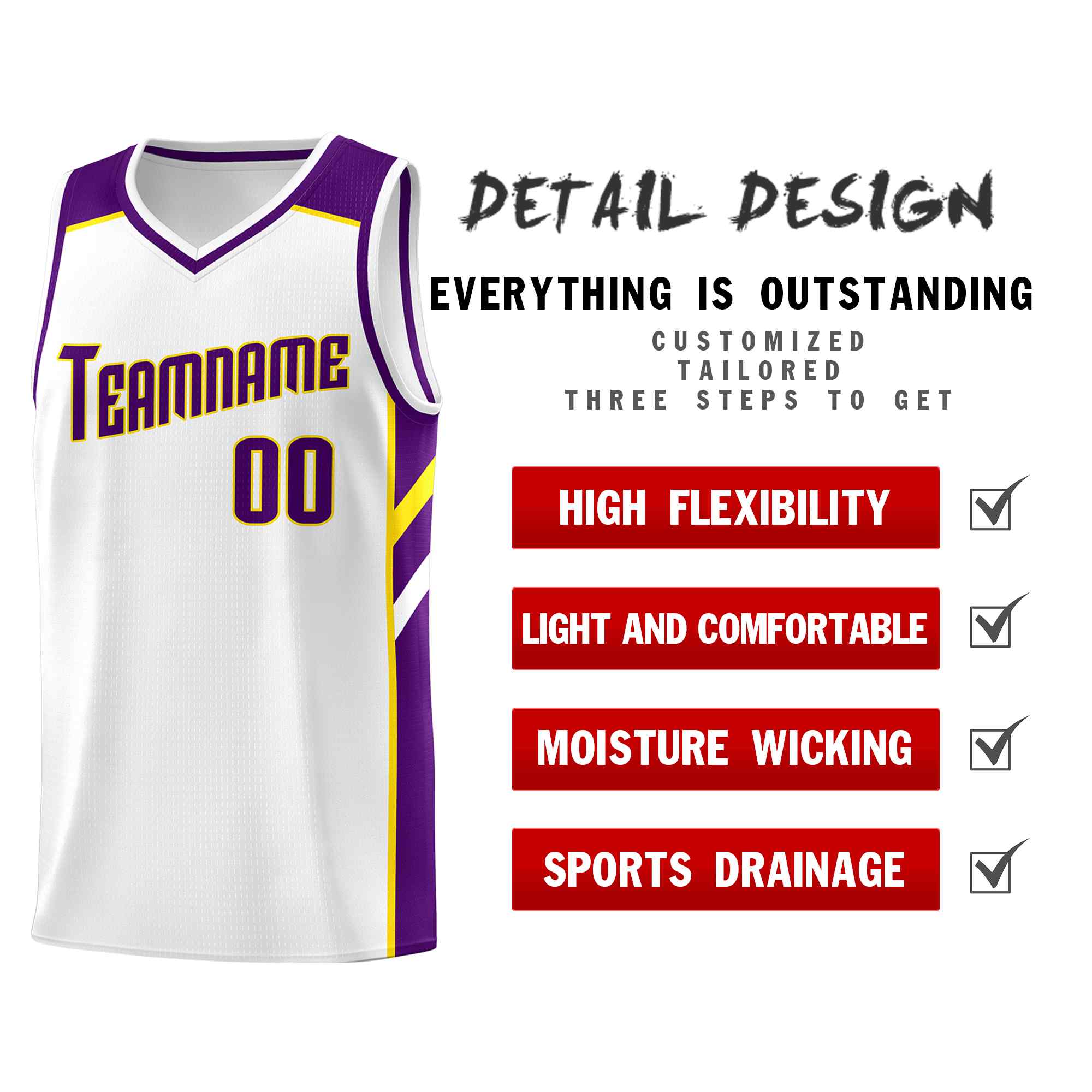 Ensembles classiques personnalisés blanc violet-jaune, maillot de basket-ball uniforme de sport