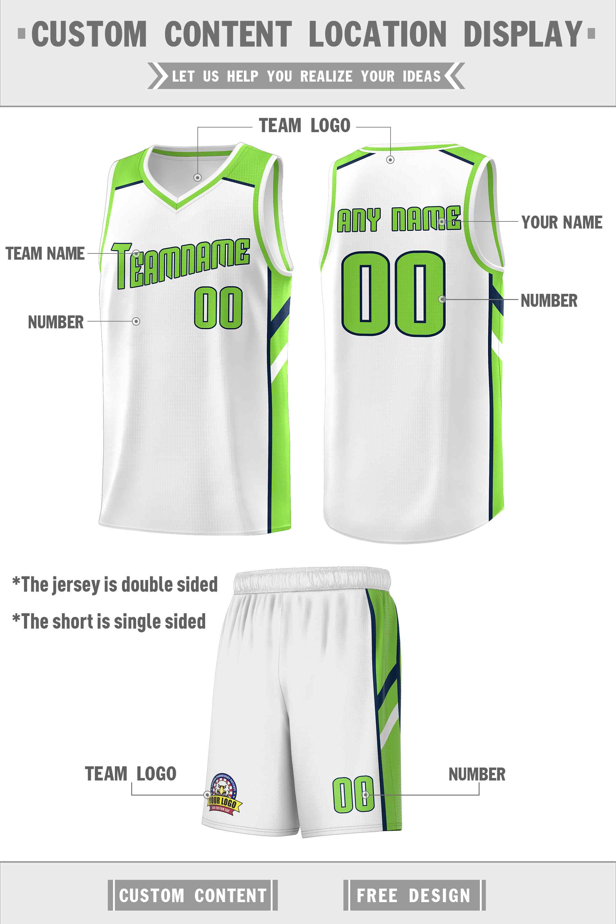 Ensemble classique personnalisé blanc néon vert-marine, uniforme de sport, maillot de basket-ball