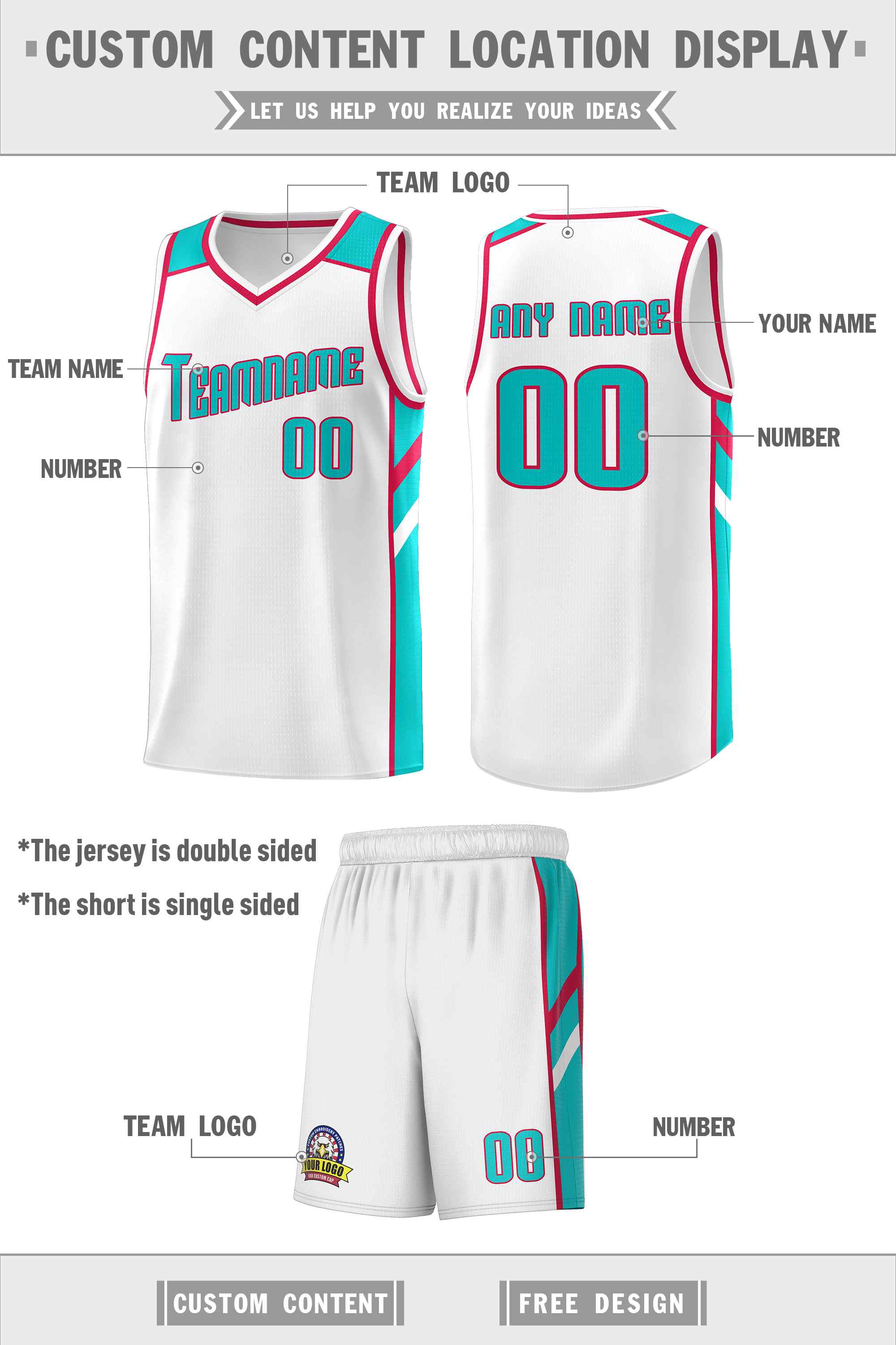 Custom White Aqua-Red Classic Sets Sports Uniform Basketball Jersey