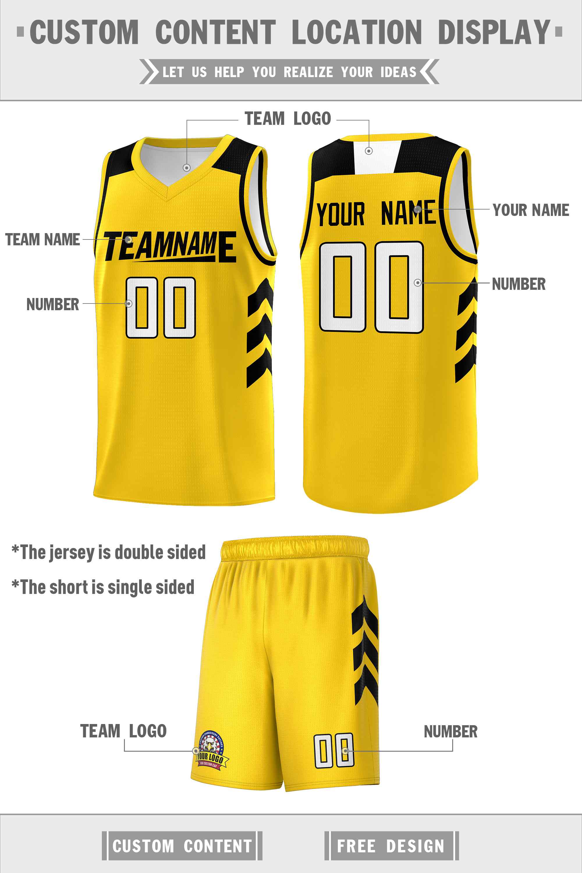 Le classique noir jaune personnalisé définit le maillot de basket-ball uniforme de sport