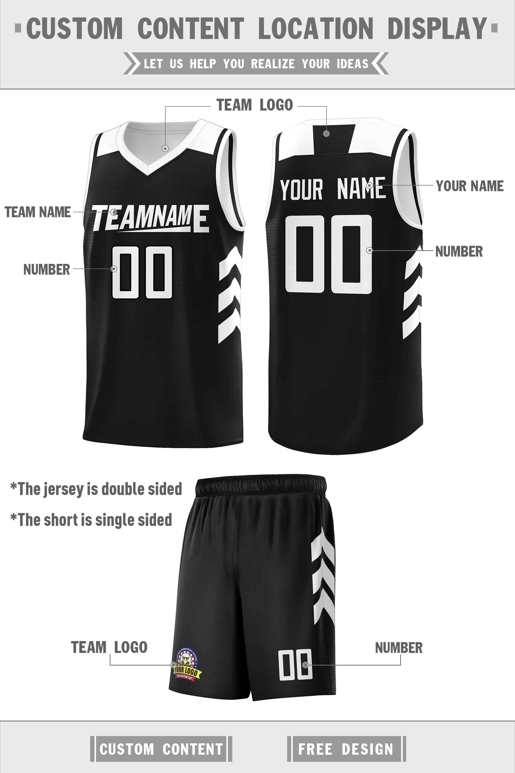 Ensembles classiques noirs et blancs personnalisés, maillot de basket-ball uniforme de sport