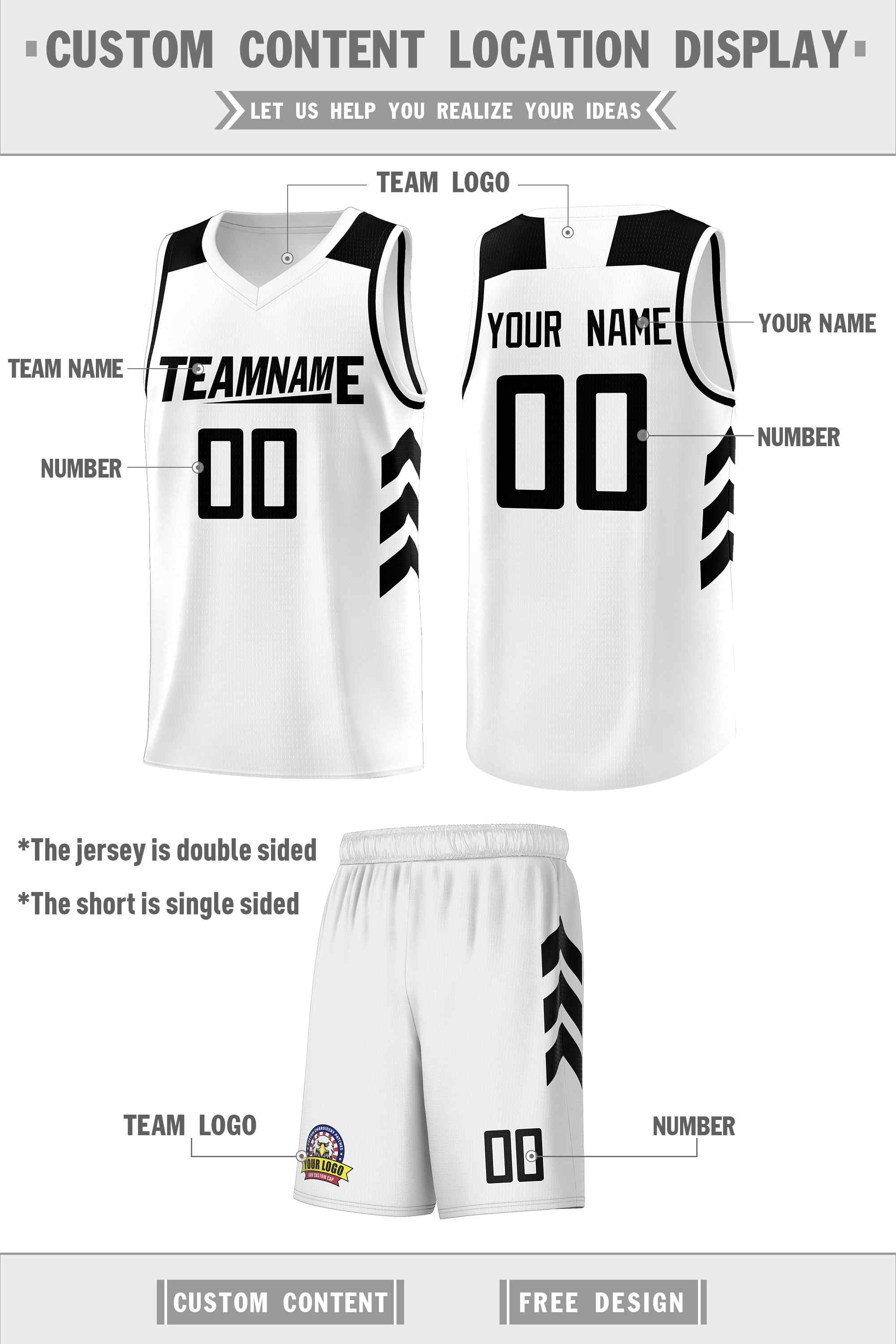 Ensembles classiques noirs et blancs personnalisés, maillot de basket-ball uniforme de sport