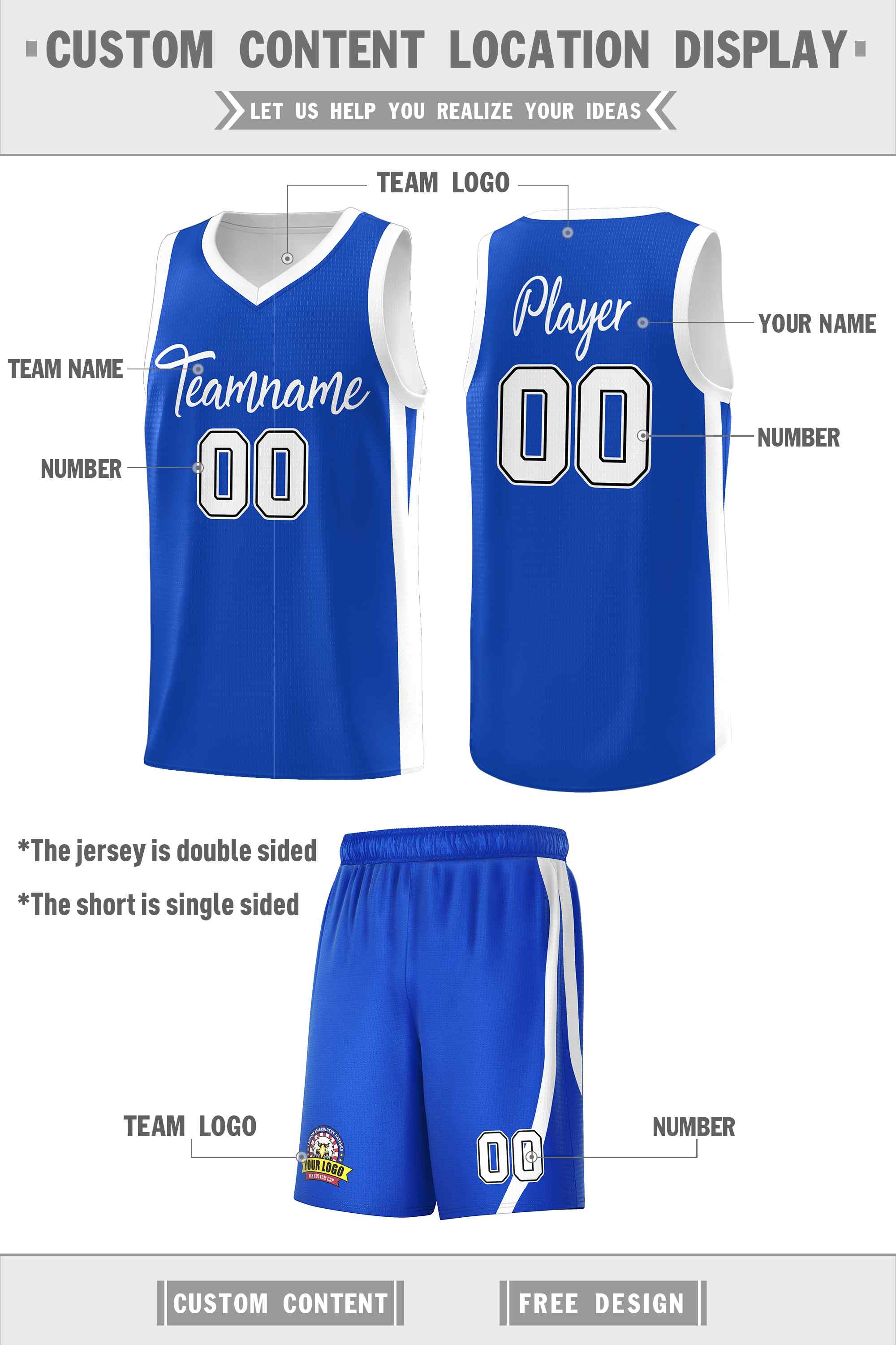 Le classique blanc royal personnalisé définit le maillot de basket-ball uniforme de sport